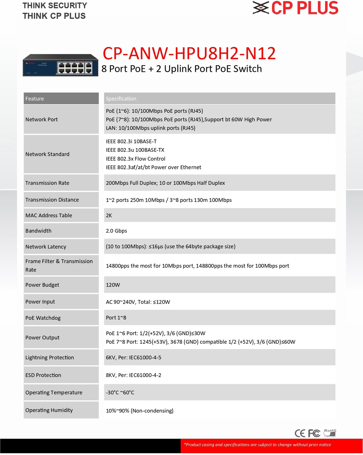 Image of CP PLUS POE SWITCH 8PORT (CP-ANW-HPU8H2-N12) Security Camera