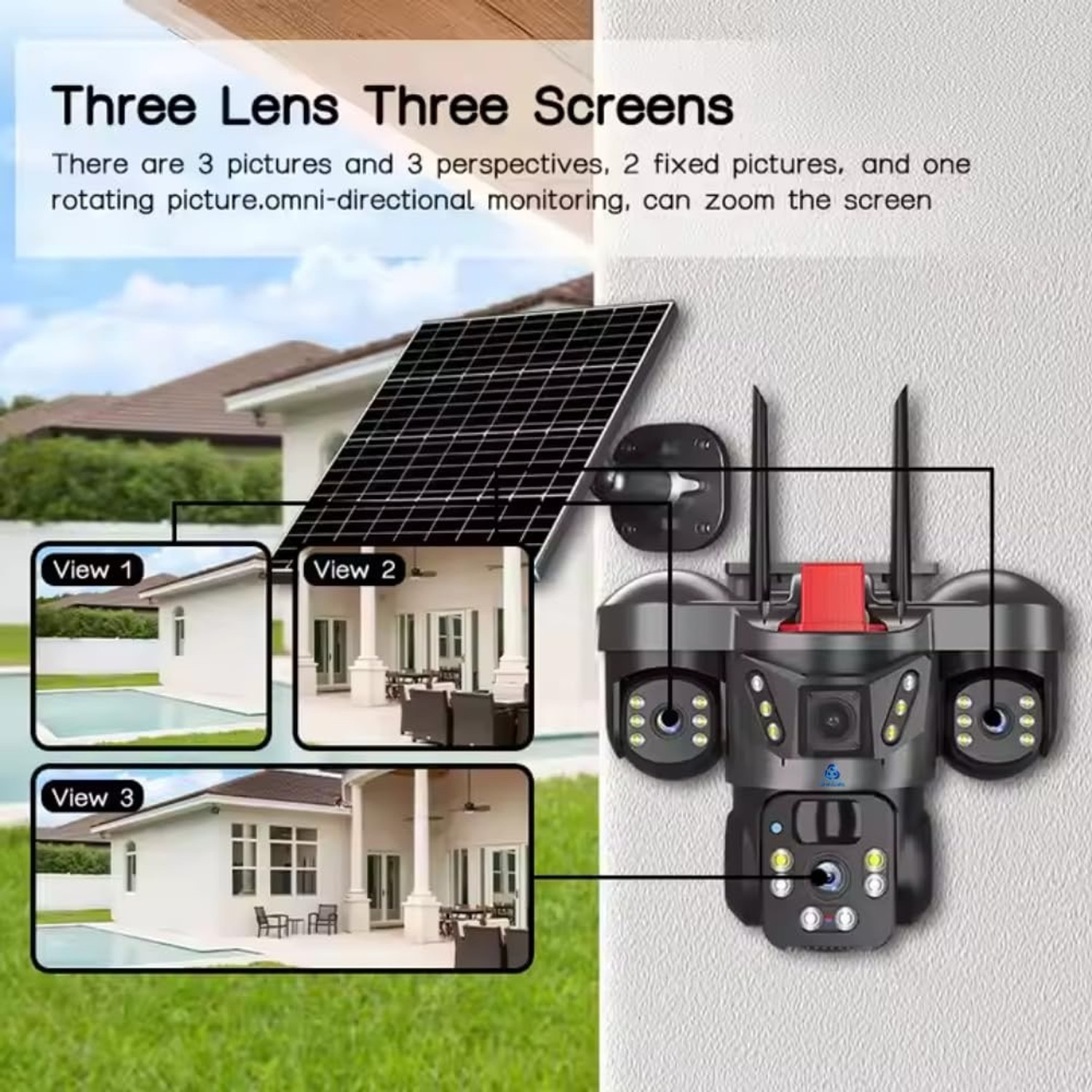 Image of Divine creation 4G Solar Triple Lens 5MP Outdoor CCTV Camera | 3-Screen View C158 Security Camera