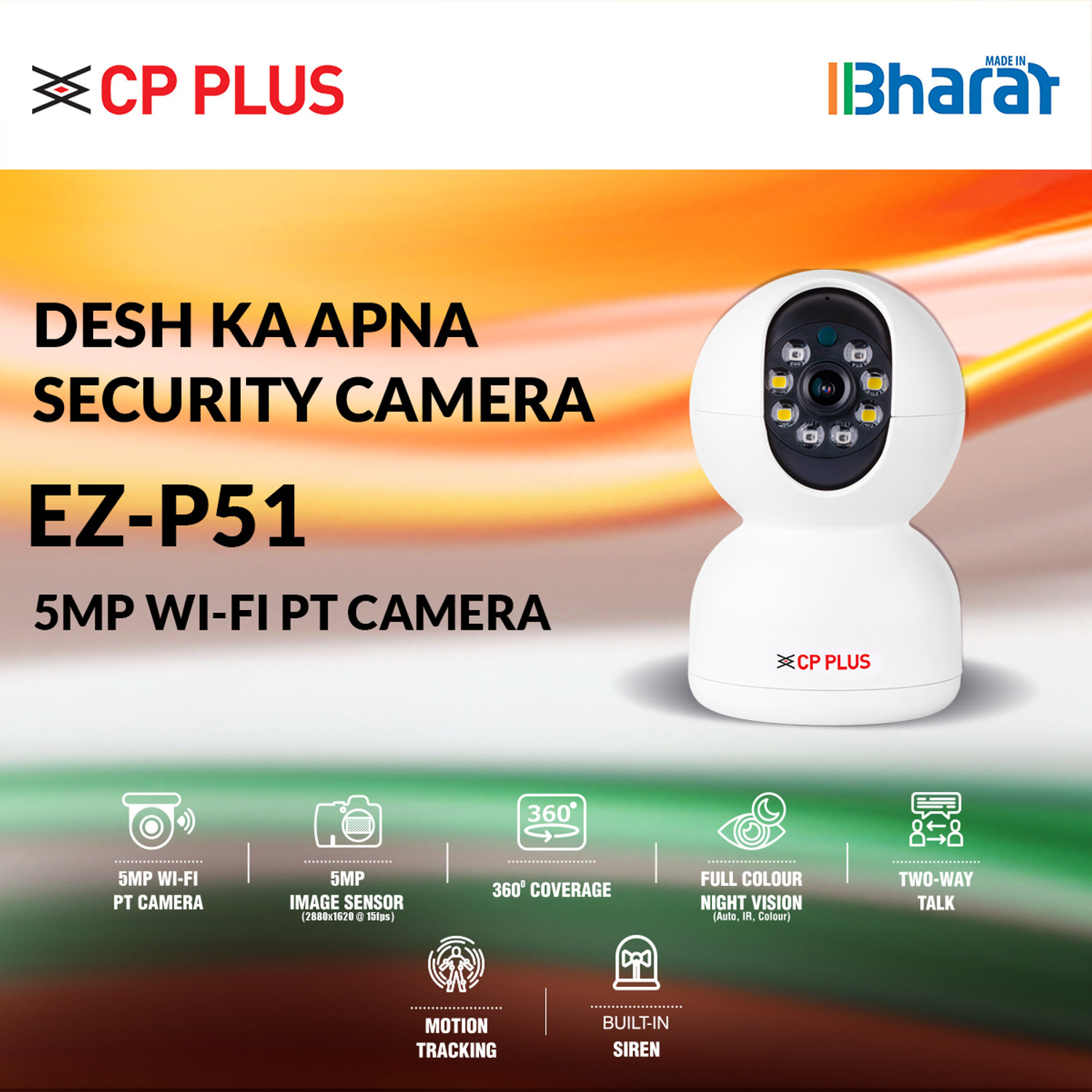 Image of CP PLUS EZ-P51 5MP Wi-Fi PT Indoor Camera with In-built Siren & Full Color Night Vision Security Camera