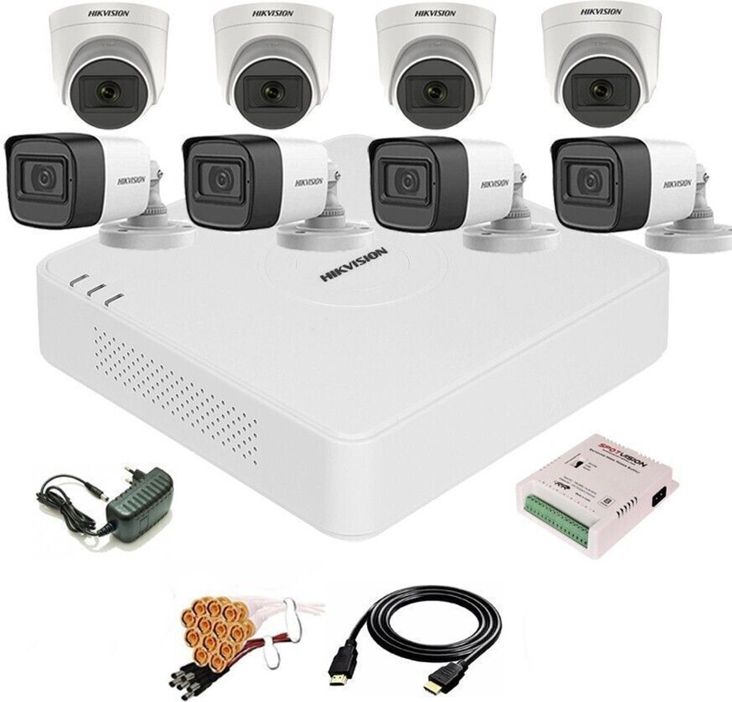 Image of HIKVISION 8 Channal Turbo HD H.265 DVR 1Pcs,Outdoor Camera 5 MP Turbo HD AUDIO 4Pcs,Indoor Camera 5 MP Turbo HD AUDIO 4Pcs,Power Supply 1Pcs ,Full combo set Security Camera