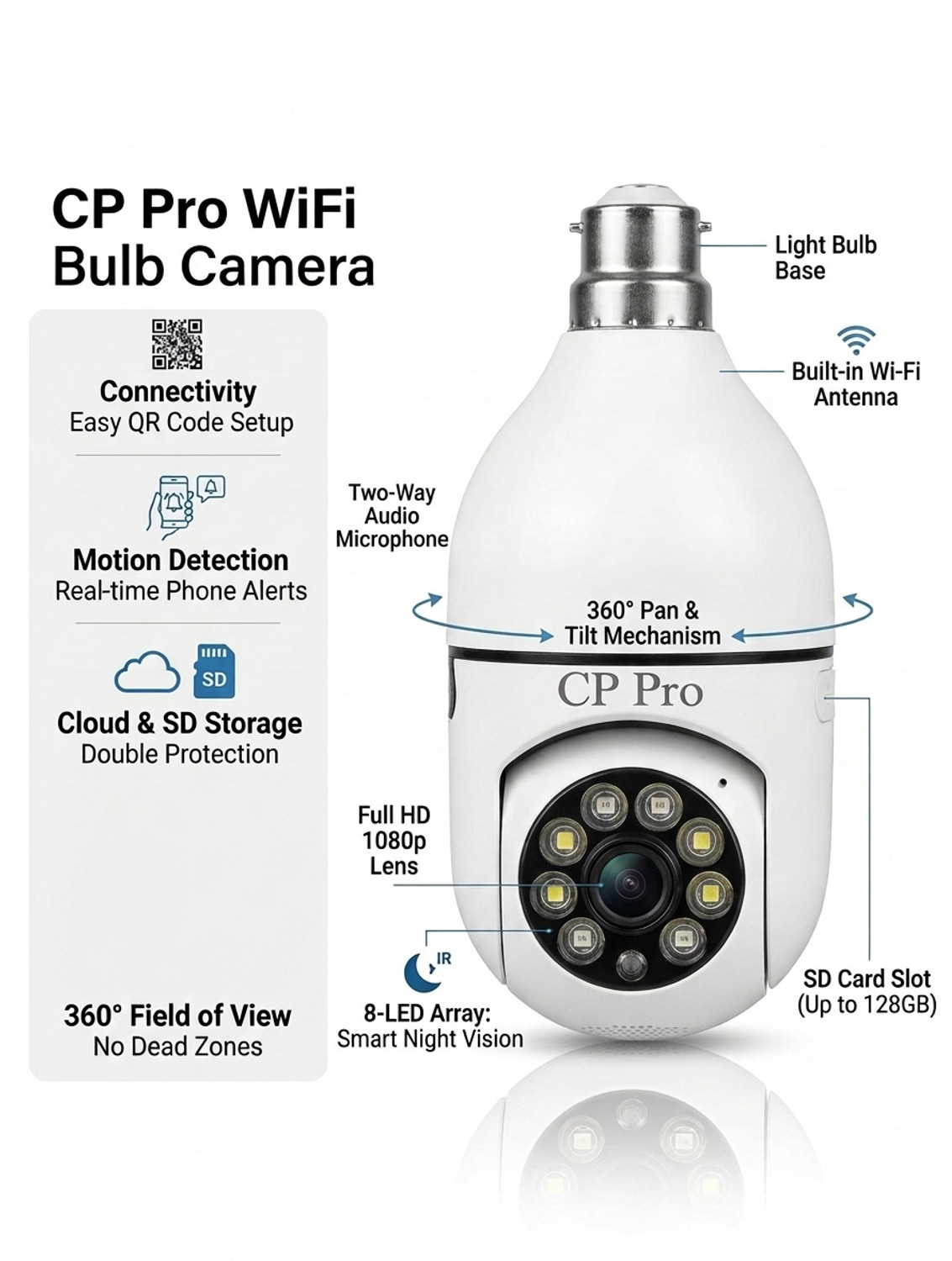 Image of CP PRO Full HD Wi-Fi Bulb CCTV Camera | 360 Degree PTZ Wireless Smart IP Home Security Camera (128 GB, 1 Channel)