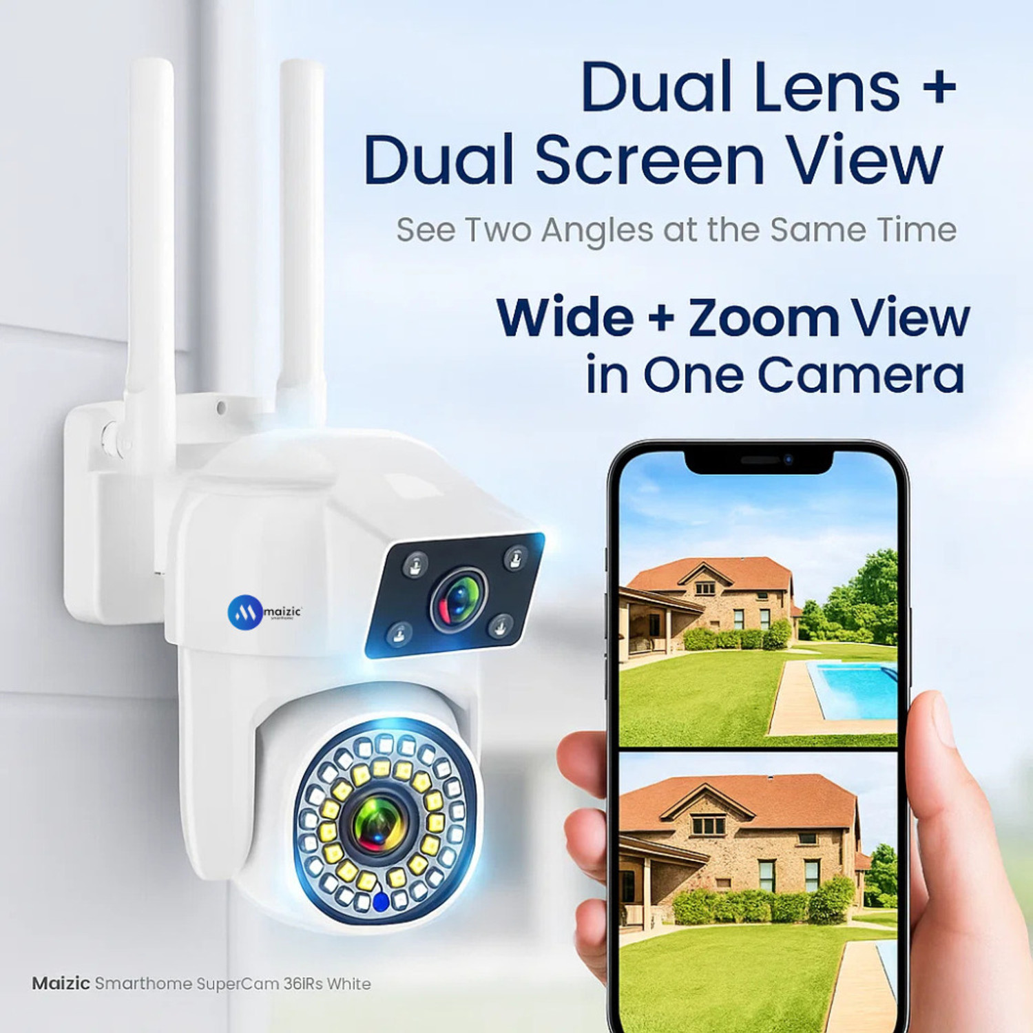 Image of Maizic Smarthome SuperCam 36IRs White 5+5MP UHD Dual Lens /Dual Screen WiFi Outdoor CCTV Camera Security Camera