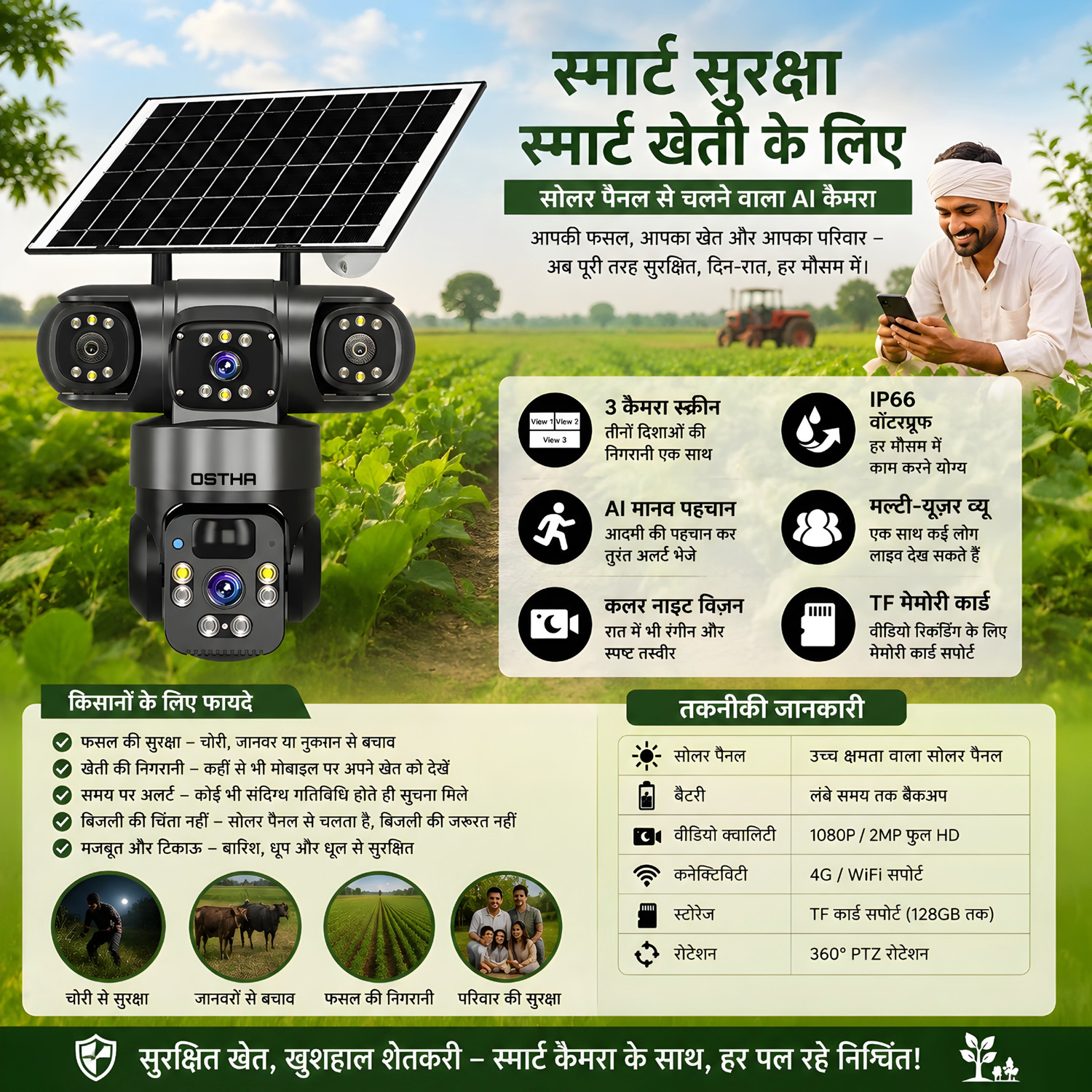 Image of OSTHA 15MP Full HD Smart 4G Sim Solar Powered 360View 3 Lens 2 way audio waterproof Security Camera