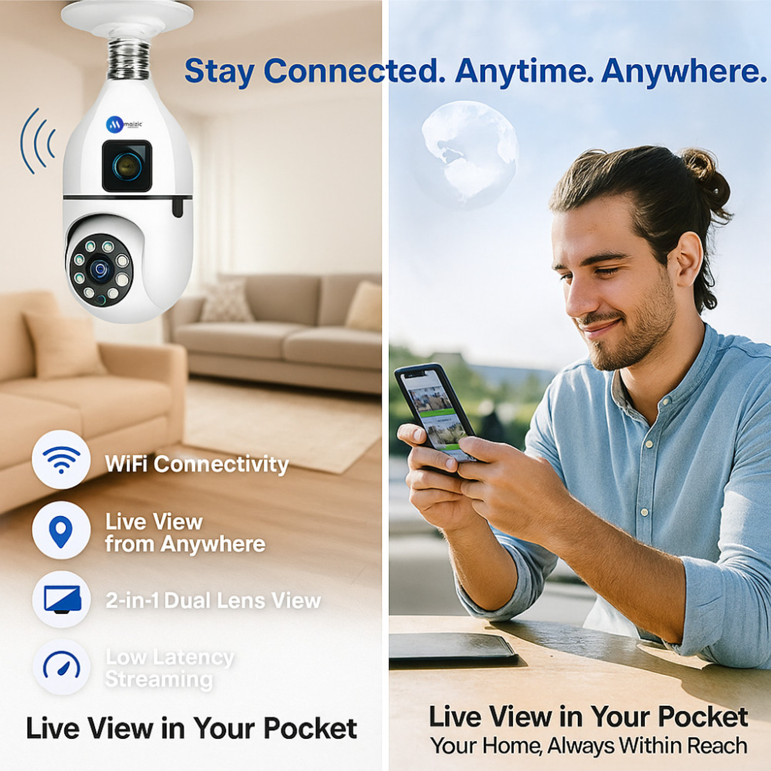 Image of Maizic Smarthome 3+3MP 2in1 Dual Lens /Dual Screen Bulb PTZ Color Night Vision Wifi Security Camera