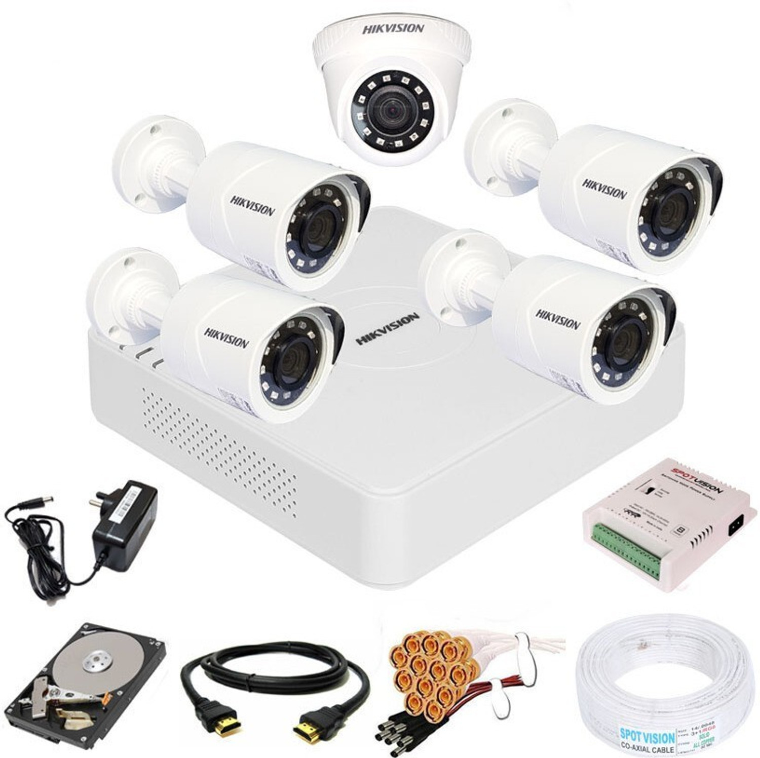 Image of Spotvision 8 Channel Power Supply,Wire Bundle,Hikvision 8 Channel HD DVR 1080p 1Pcs,Outdoor Camera 2 MP 4Pcs,Indoor Camera 2 MP 1Pcs,1 TB Hard Disk,Full combo set Security Camera (1 TB, 8 Channel)