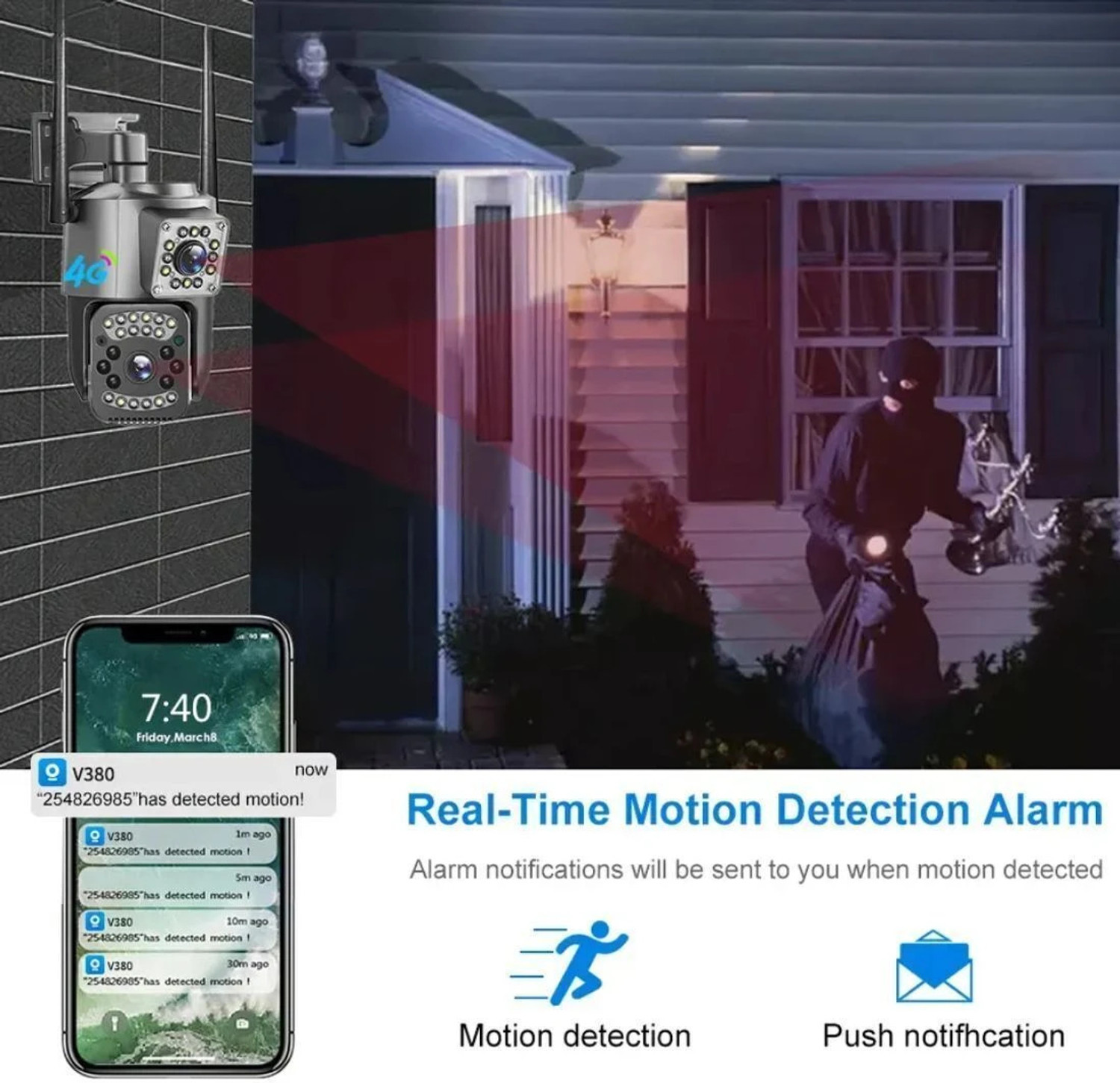 Image of OneXsale 8+8MP 4G Wireless CCTV Night Vision Motion Alerts, SD & Sim Card Support Security Camera