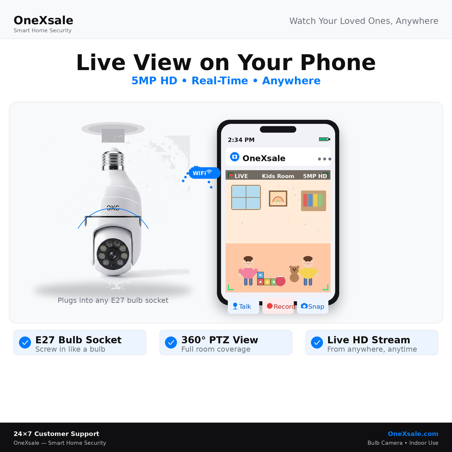 Image of OneXsale 5MP HD WiFi Bulb Holder Night Vision Indoor /Outdoor Home Office Monitoring CCTV Security Camera