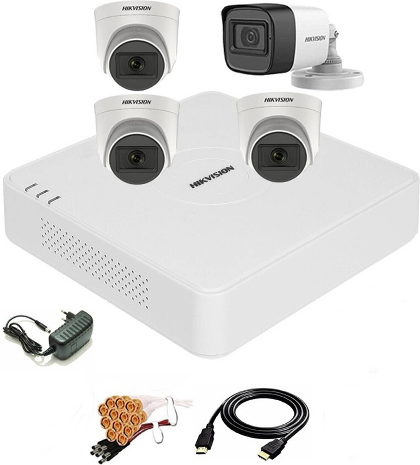 HIKVISION 4 Channal Turbo HD H.265 DVR 1Pcs,Outdoor Camera 5 MP Turbo HD AUDIO 1Pcs,Indoor Camera 5 MP Turbo HD AUDIO 3Pcs,HDMI cable 1Pcs,Bnc & Dc connectors ,combo set Security Camera
