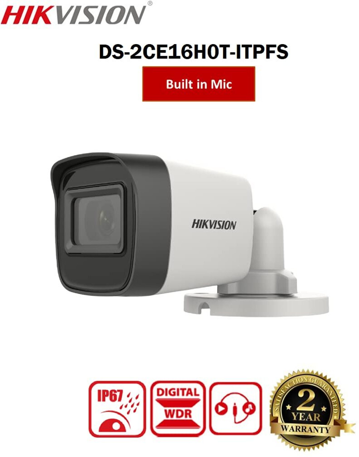 Image of HIKVISION 5 MP Outdoor Bullet CCTV Camera with inbuilt Audio Mic IP67 DS-2CE16H0T-ITPFS + Security Camera