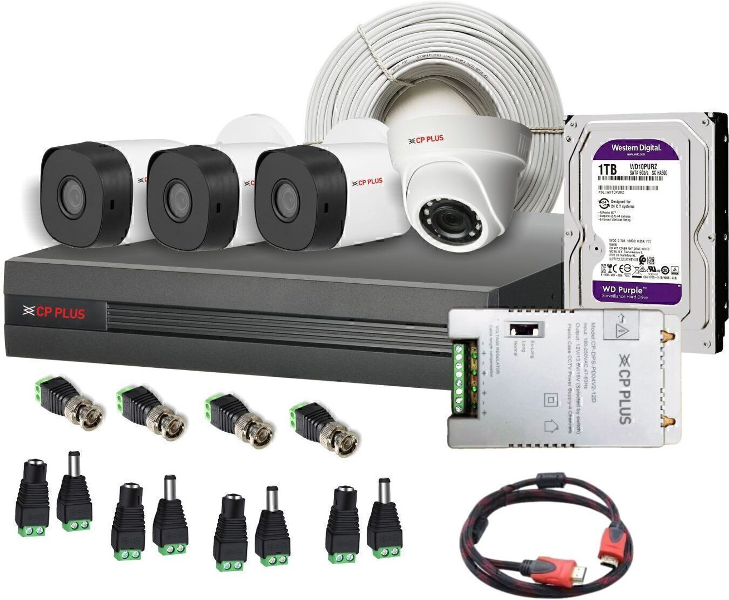 Image of CP PLUS CP-UCK-TD31H3-B1 with 1 Dome & 3 Bullet Camera, DVR, 70 Mtr. Cable 1TB Hard Disk Security Camera