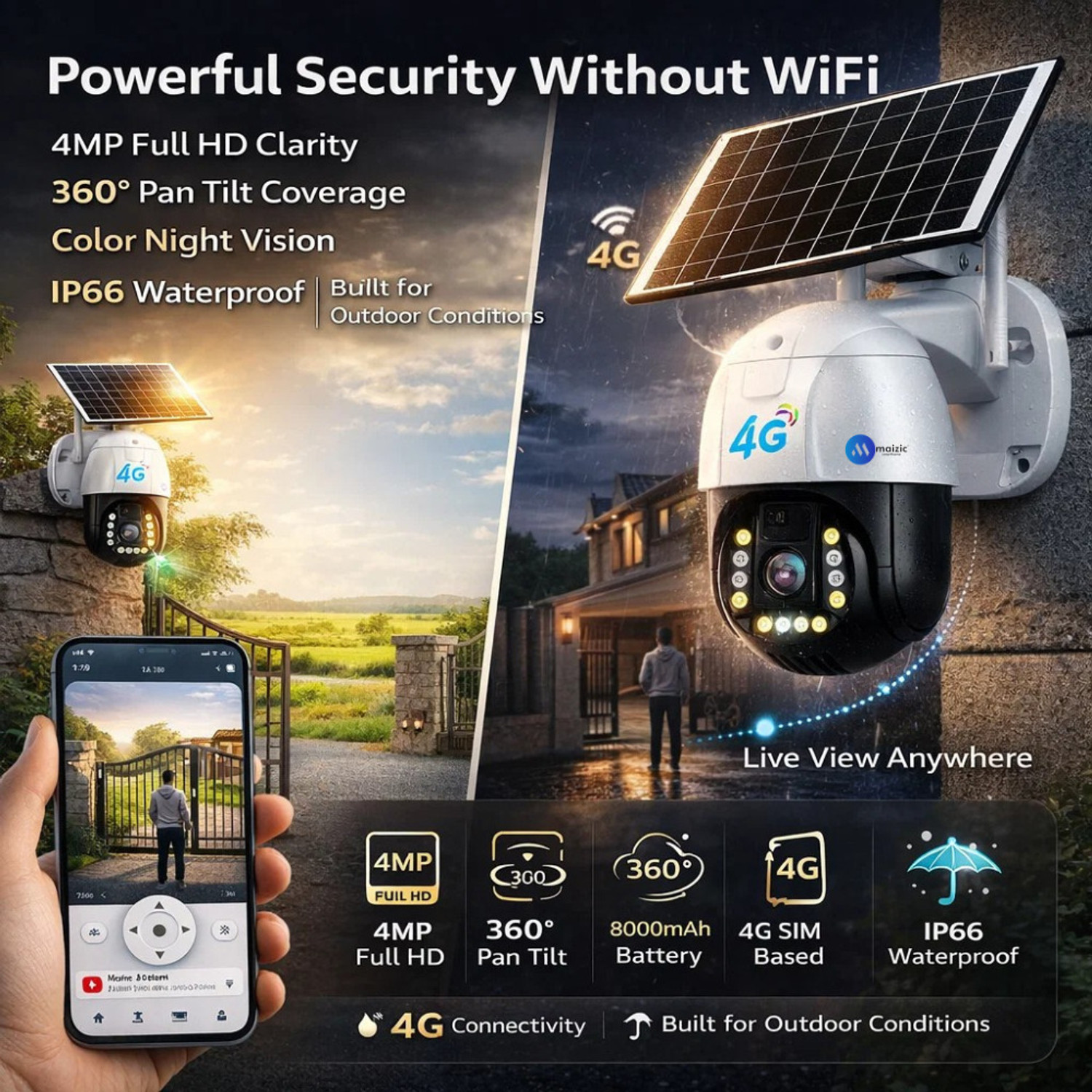 Image of Maizic Smarthome Gorilla 4G Solar PTZ Outdoor CCTV Camera | 4MP FHD | 360 View | 8000mAh Battery Security Camera