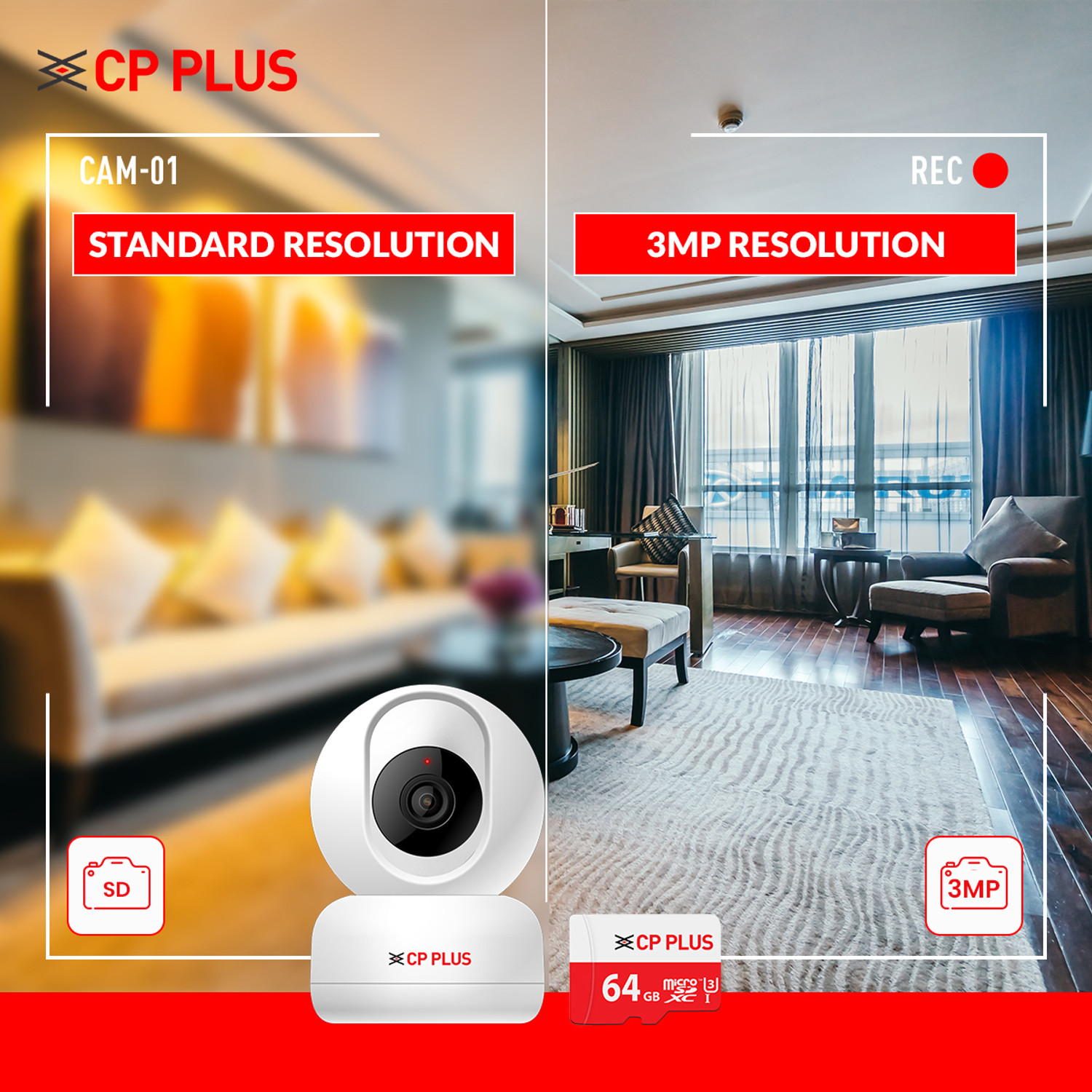 Image of CP PLUS CP-E36AM Smart Wi-Fi Dome Camera with In-box 64gb SD Card & Human Body Detection Security Camera