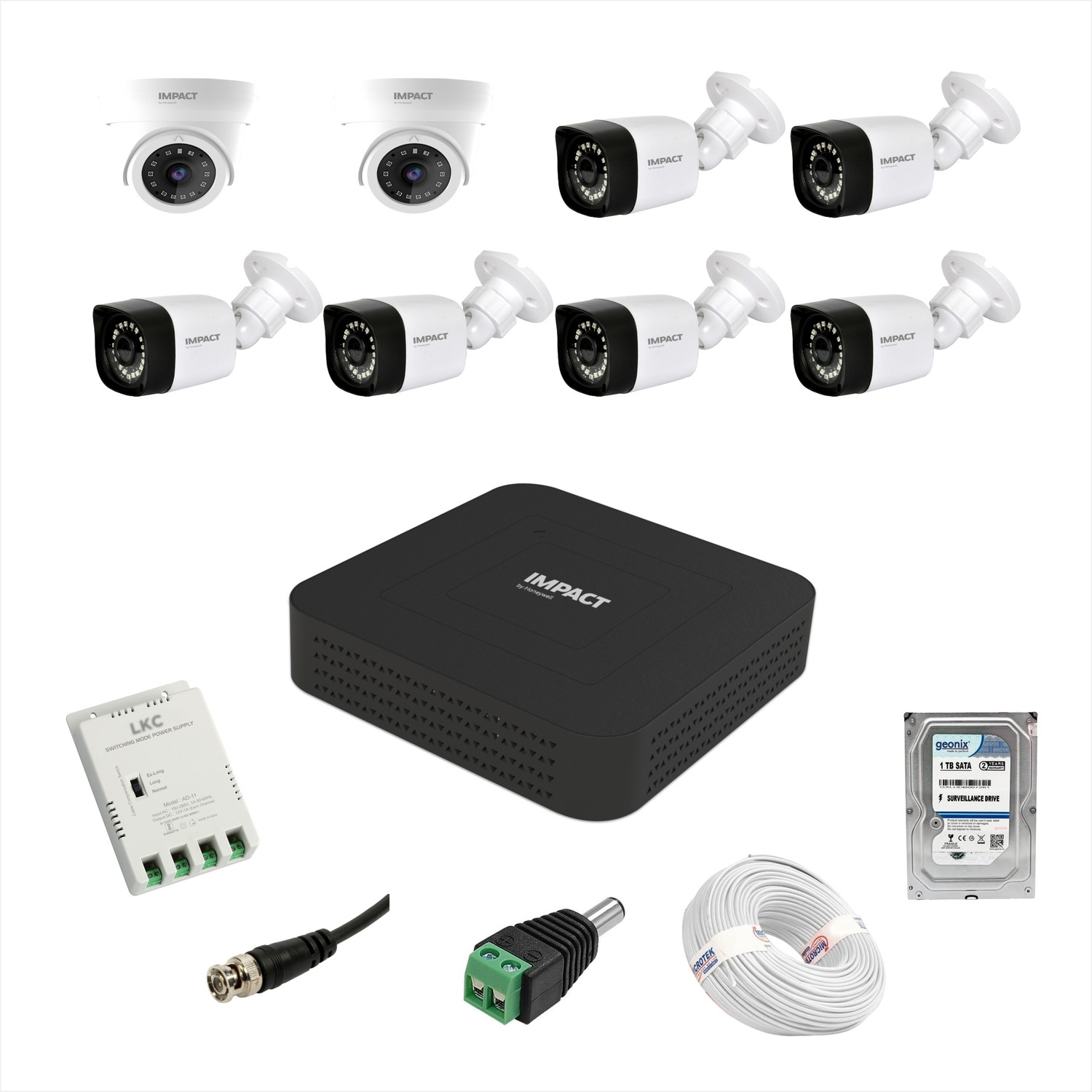 Image of Impact by Honeywell 2MP 6 Bullet + 2 Dome CCTV +8 Channel DVR +1TB HDD+90 mtrs cable Cctv Camera Set Security Camera