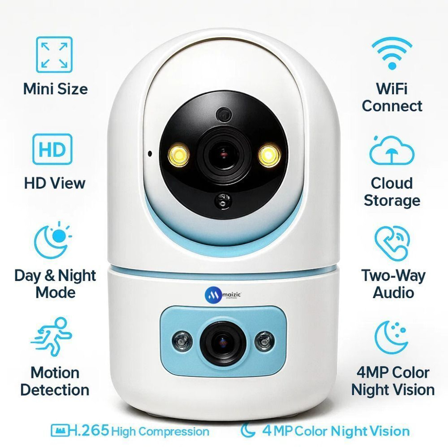Image of Maizic Smarthome Pikacam 4MP Dual Lens Indoor WiFi PTZ Camera, Color Night Vision, Two-Way Audio Security Camera