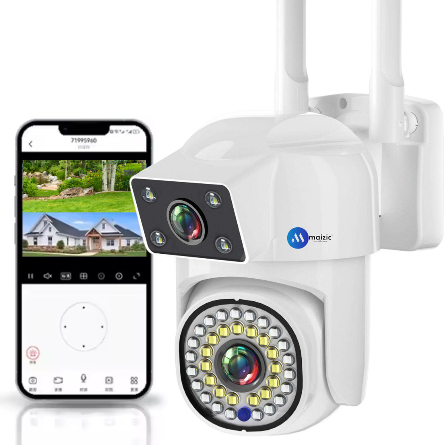 Image of Maizic Smarthome SuperCam 36IRs White 5+5MP UHD Dual Lens /Dual Screen WiFi Outdoor CCTV Camera Security Camera