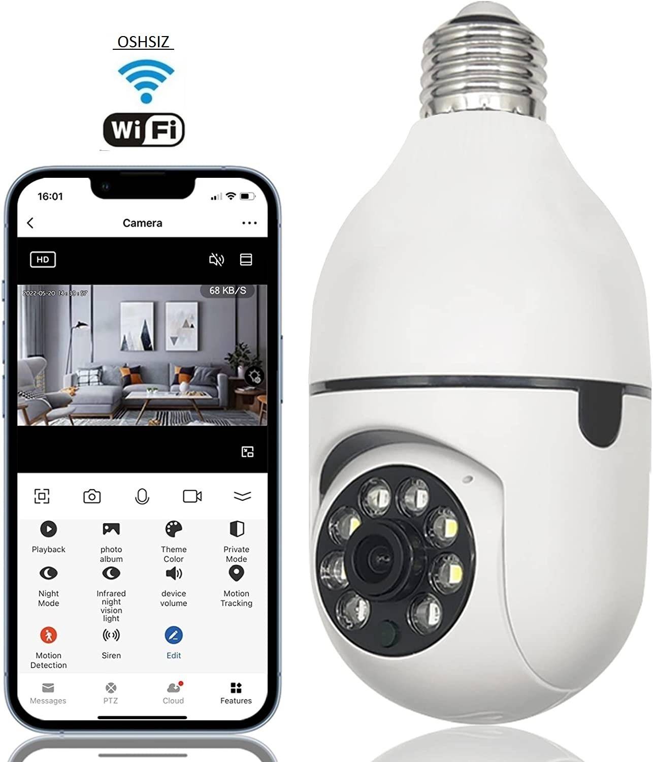 OSHSIZ Wi-Fi CCTV Wireless Bulb Shape PTZ V380 Spy Camera wifi camera mobile connect Security Camera