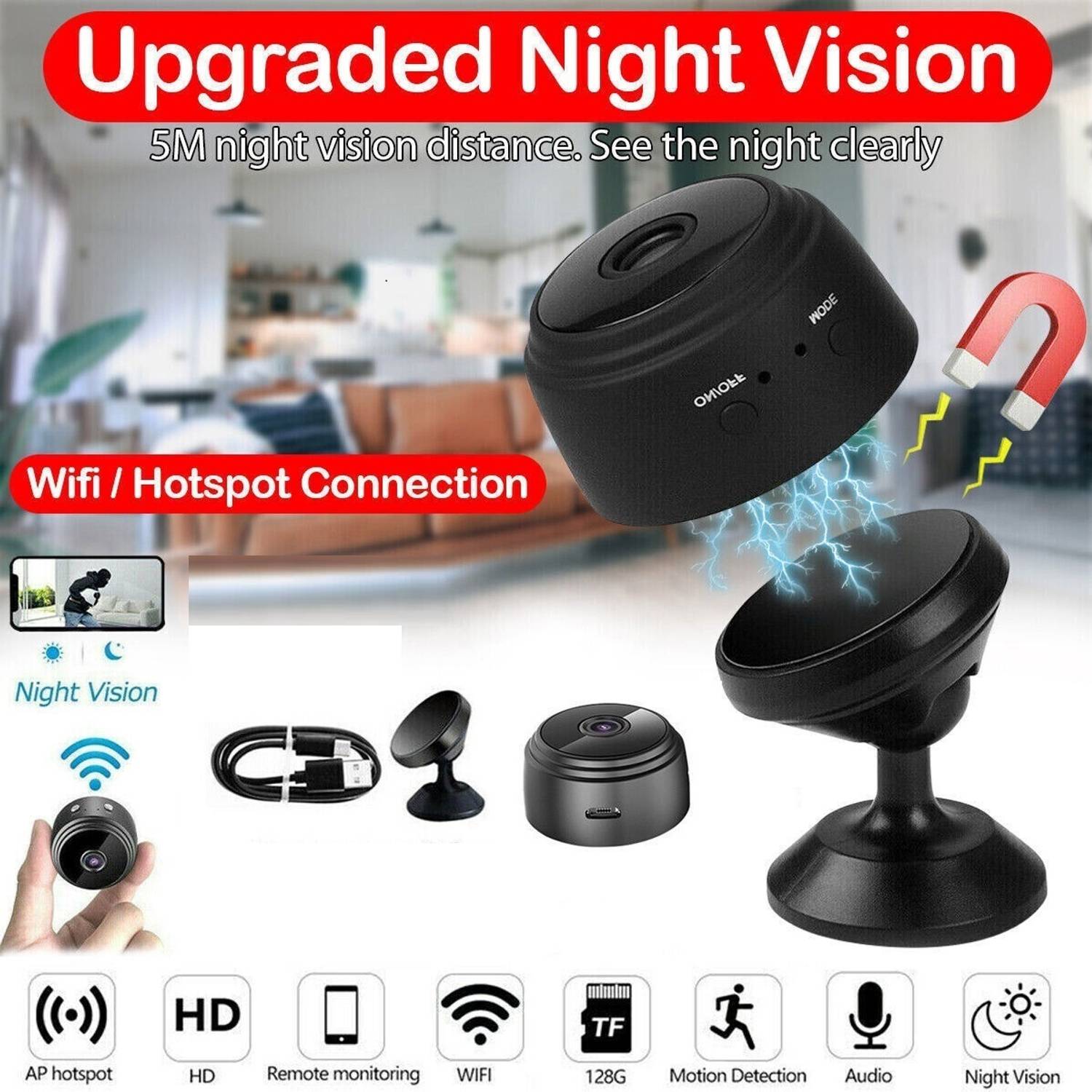 AVOIHS Wifi Wireless 1080p HD Spy Hidden Built-in Battery Night Vision Support 64GB Security Camera