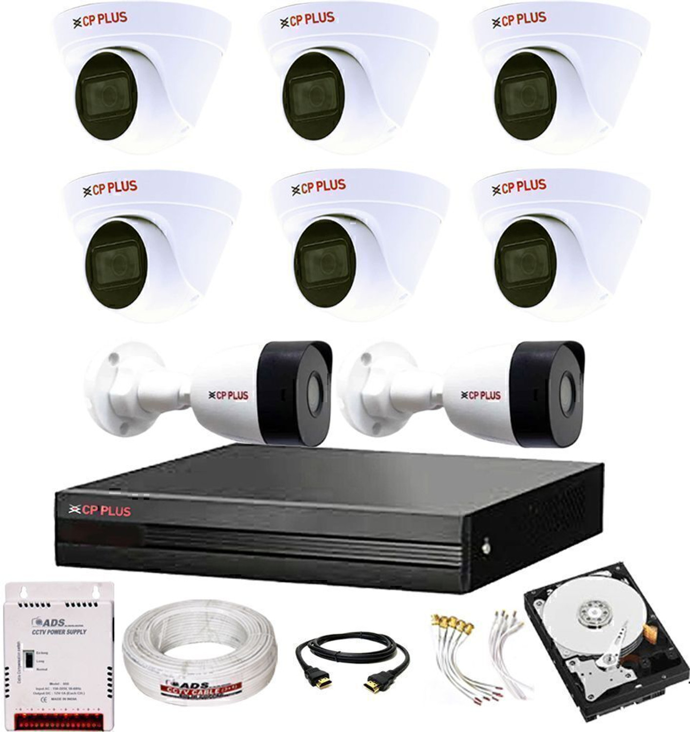 Image of CP PLUS 8CH hibrid' DVR 1080p,BULLET 2Pcs,DOME 6PCS, 500GB Hard Disk,Full combo set Security Camera