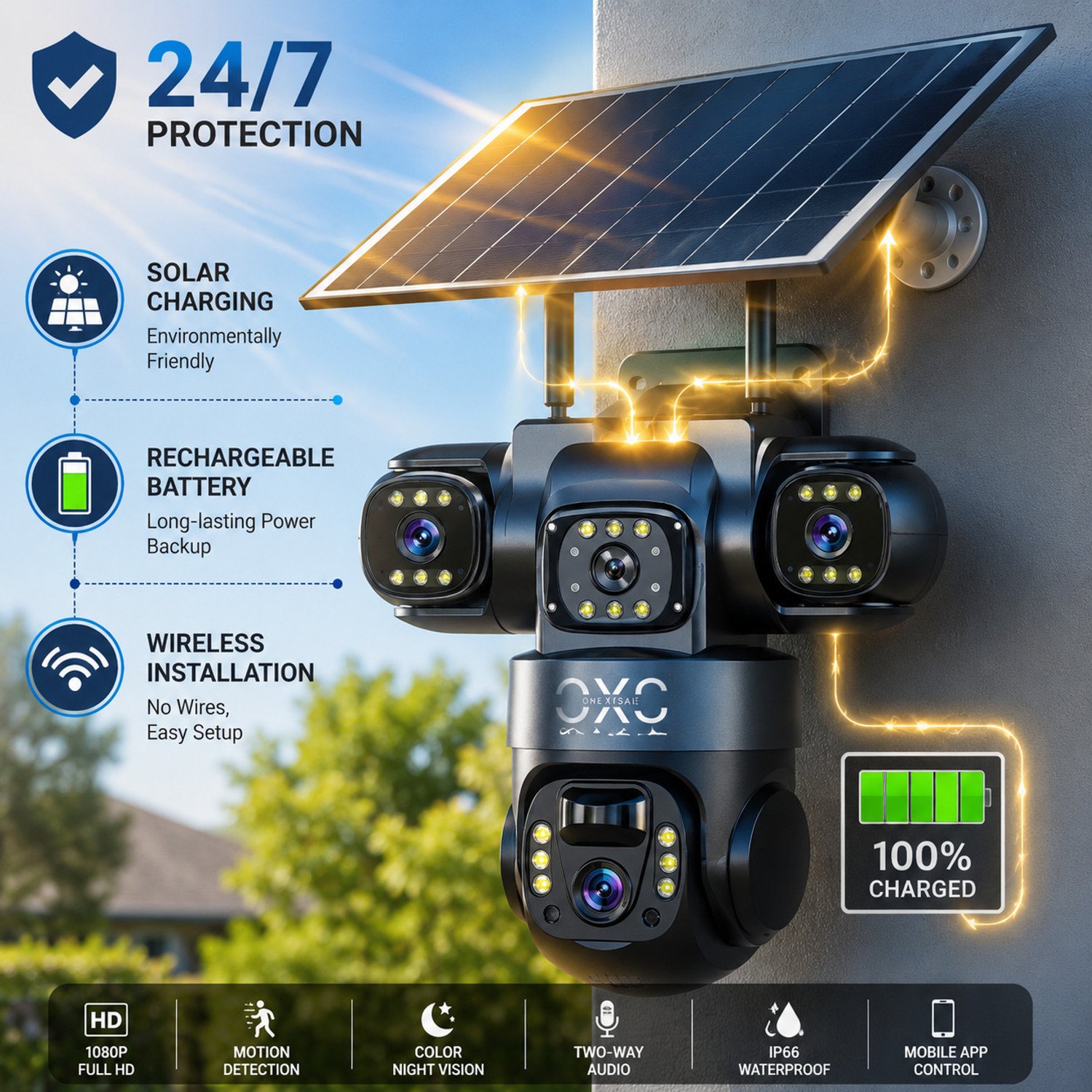 Image of OneXsale 12MP FHD 4G Solar Powered 360View PTZ 3 Lens Night Vision Security Camera