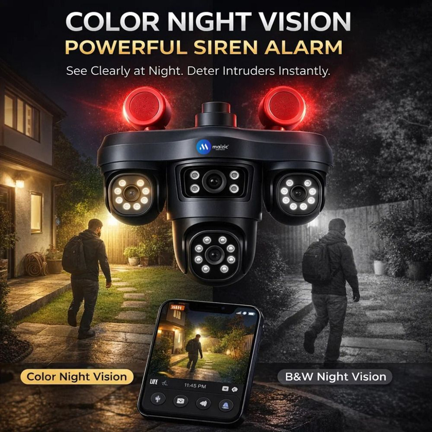 Image of Maizic Smarthome TRIGENIE Siren WiFi Triple Lens 5MPx3 AI PTZ Outdoor Camera, Color Night Vision Security Camera