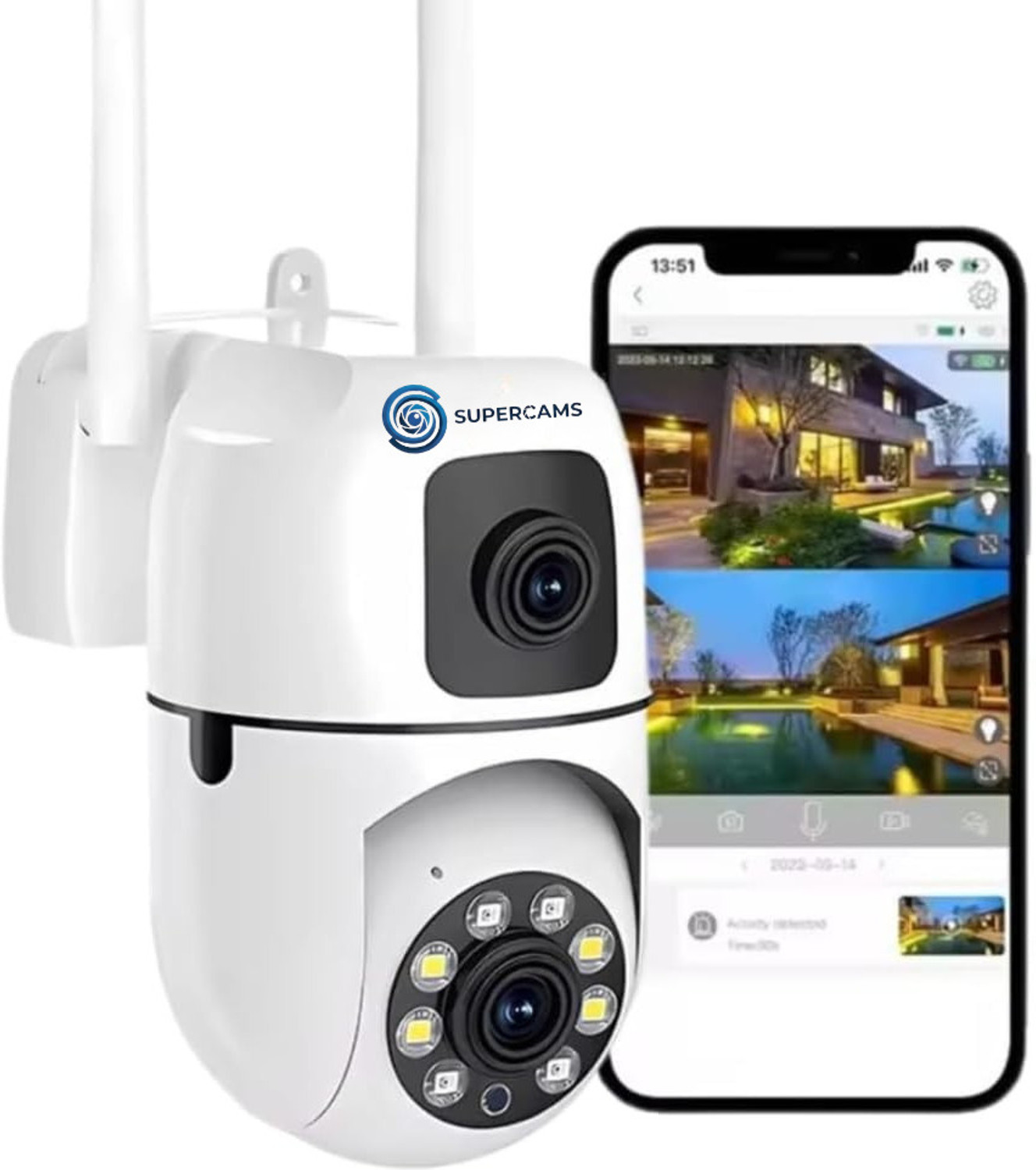 Image of Supercams Dual Lens Mini Fox | (5+5) MP WiFi CCTV Camera with PTZ & Fixed View Security Camera