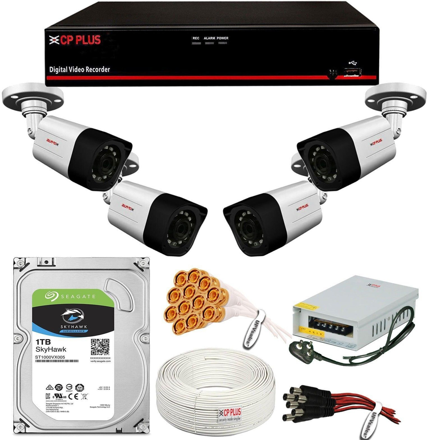 Image of CP PLUS 4 Channel CCTV DVR With 4 Camera Full Set (CP Plus 4Channel DVR With 4 Outdoor 1.3MP Bullet Camera, Power Supply, 90 Meter Copper Cable, Seagate 1TB Hard Drive, UPVsales Connectors & Cables) Full Set Security Camera
