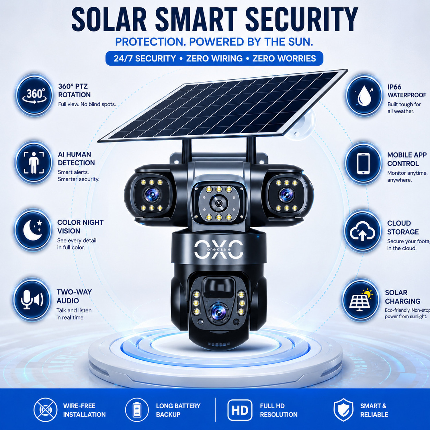 Image of OneXsale 12MP FHD 4G Solar Powered 360View PTZ 3 Lens Night Vision Security Camera