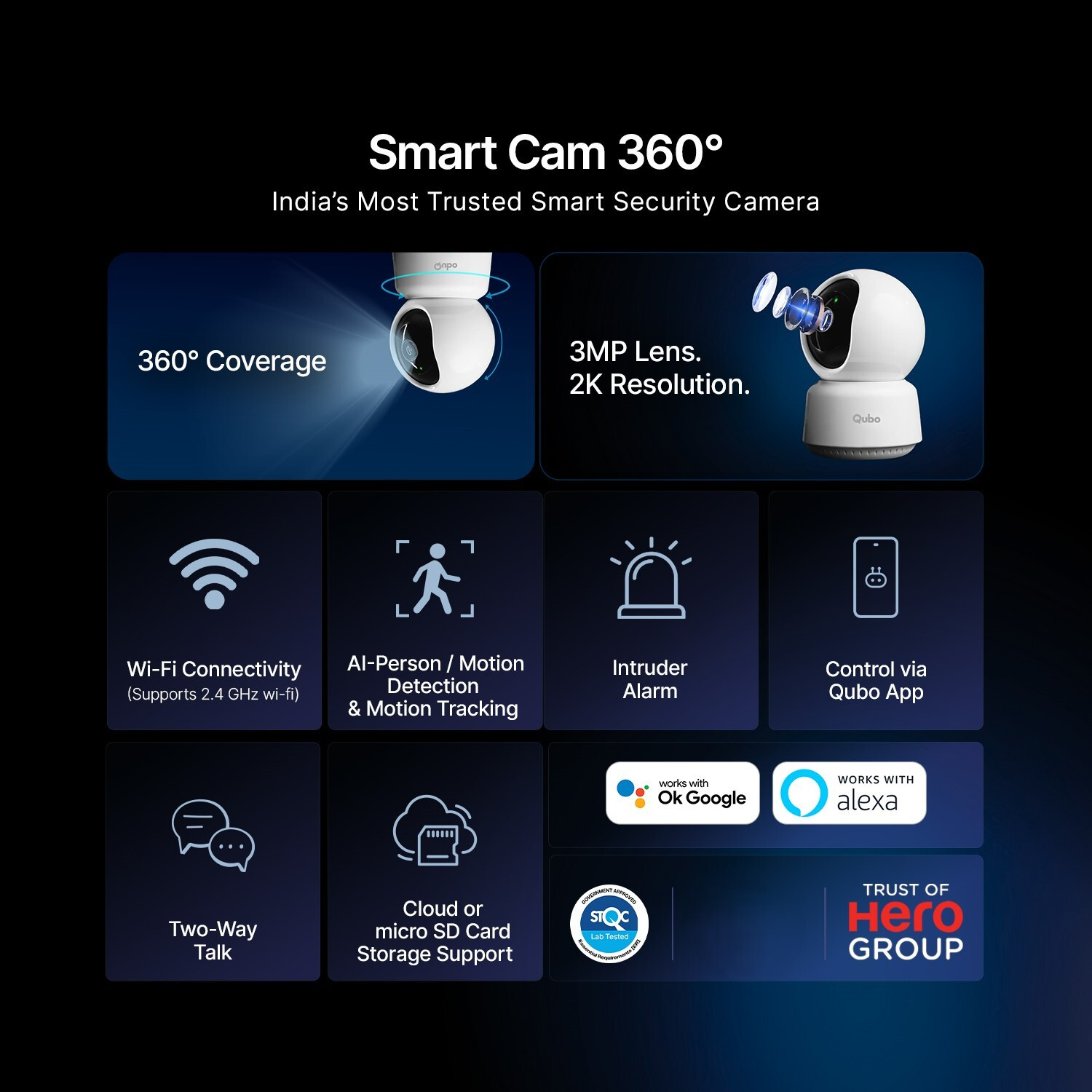 Image of Qubo Smart 360 degree 2K|3MP(2026 Edition)|AI App Alerts|Alarm|Cloud+SD Storage|Wi-Fi Security Camera