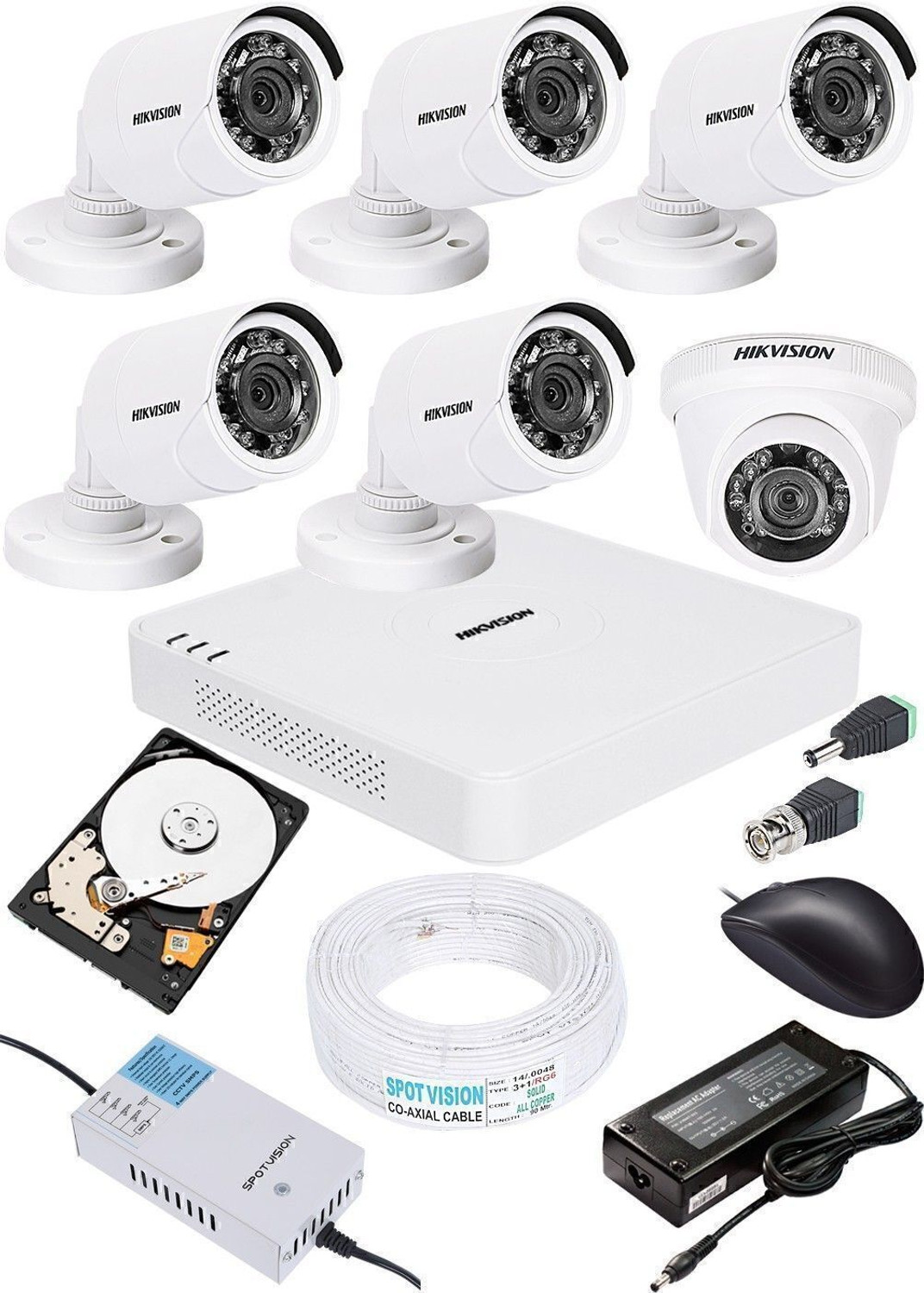 Image of HIKVISION HIKVISION 1 MP 8CH DVR DS-7A08HGHI-F1 /N OR DS-7A08HGHI-F1 /ECO 01PCS 1MP DOME CAMERA DS-2CE5ACOT-IRP OR DS-2CE5ACOT-IRP /ECO 01PCS BULLET CAMERA DS-2CE1ACOT-IRP OR DS-2CE1ACOT-IRP /ECO 90 METAR CABLE 1TB SATA HDD COMBO KIT Security Camera