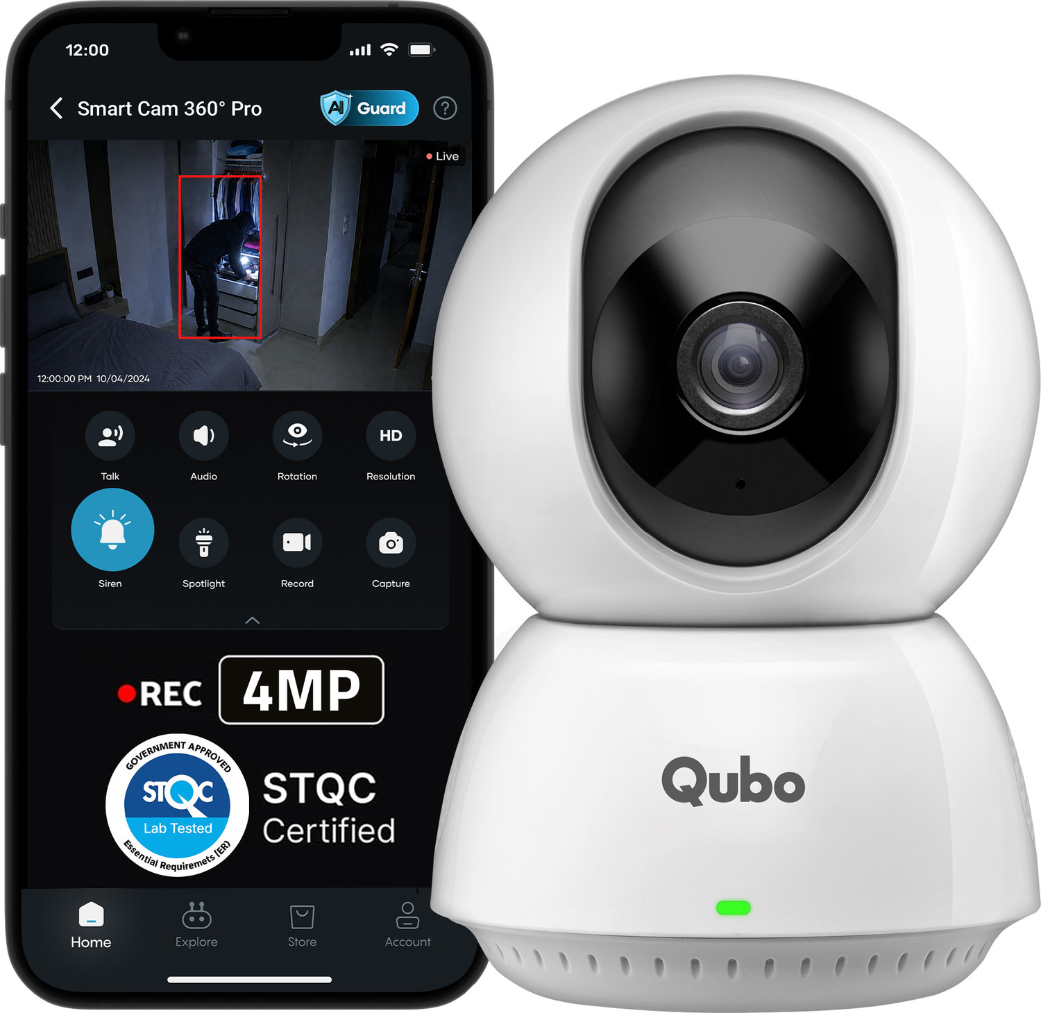 Image of Qubo Smart 360 degree Pro 4MP | AI App Alerts | Alarm |Cloud+SD Storage | Wi-Fi Security Camera
