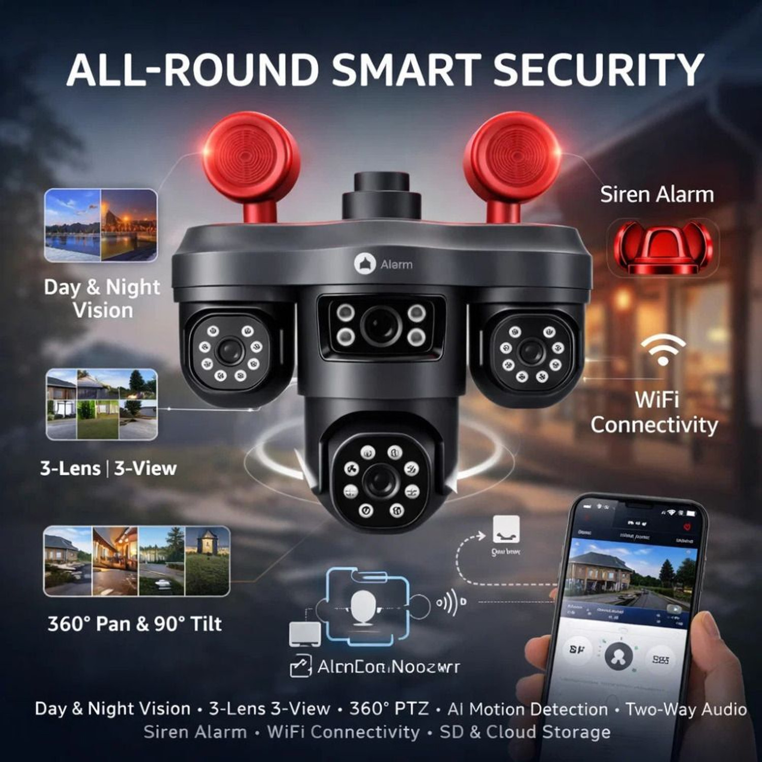Image of Maizic Smarthome TRIGENIE Siren WiFi Triple Lens 5MPx3 AI PTZ Outdoor Camera, Color Night Vision Security Camera