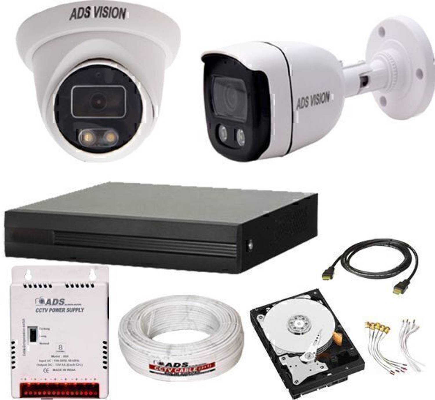 ADS VISION FULL HD 1 DOME 1 BULLET COLOR VIEW NIGHT VISION Camera Full Set With 500GB HDD Security Camera