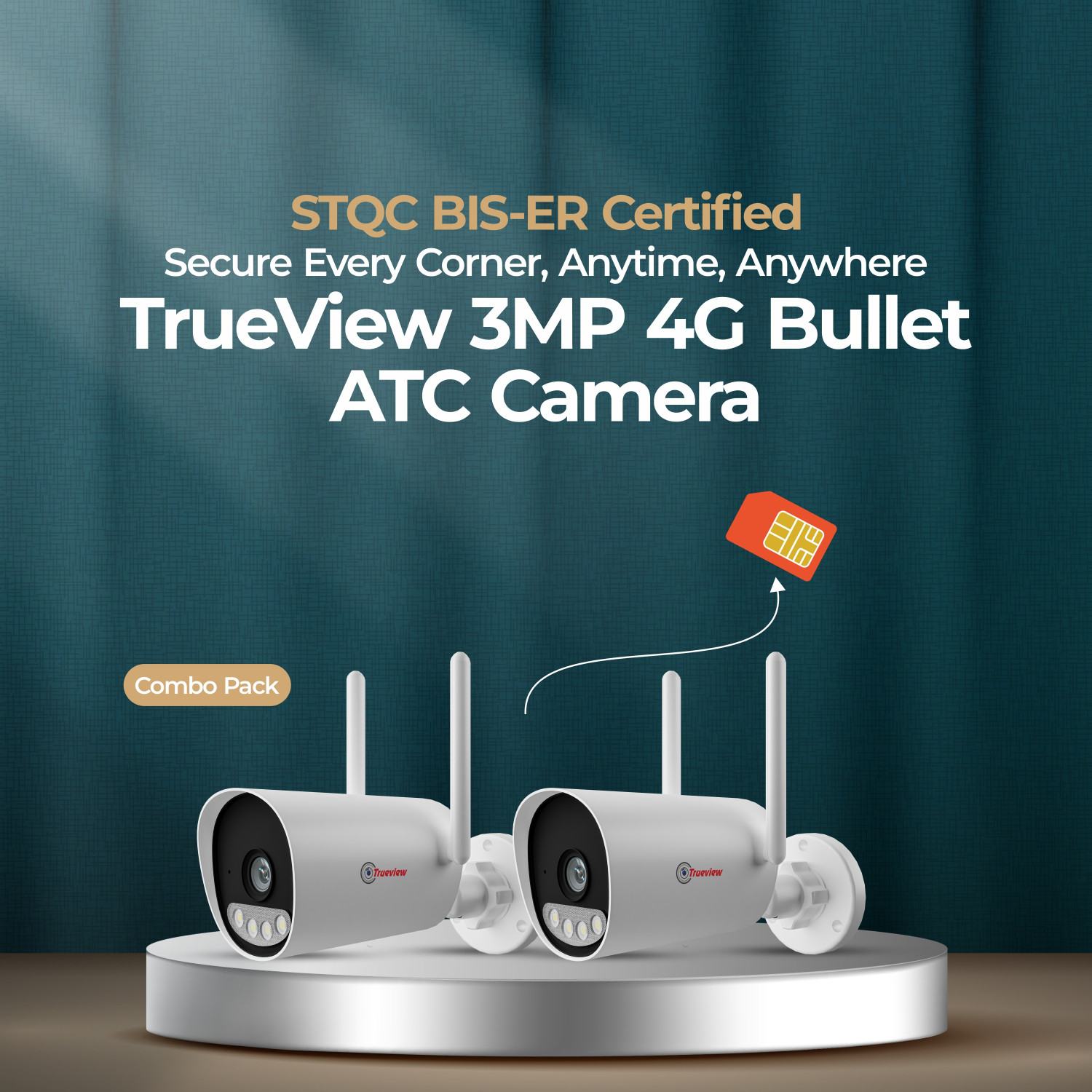 Image of Trueview Pack of 2 3MP 4G SIM Bullet CCTV Outdoor Wireless Human Detection STQC Color Security Camera