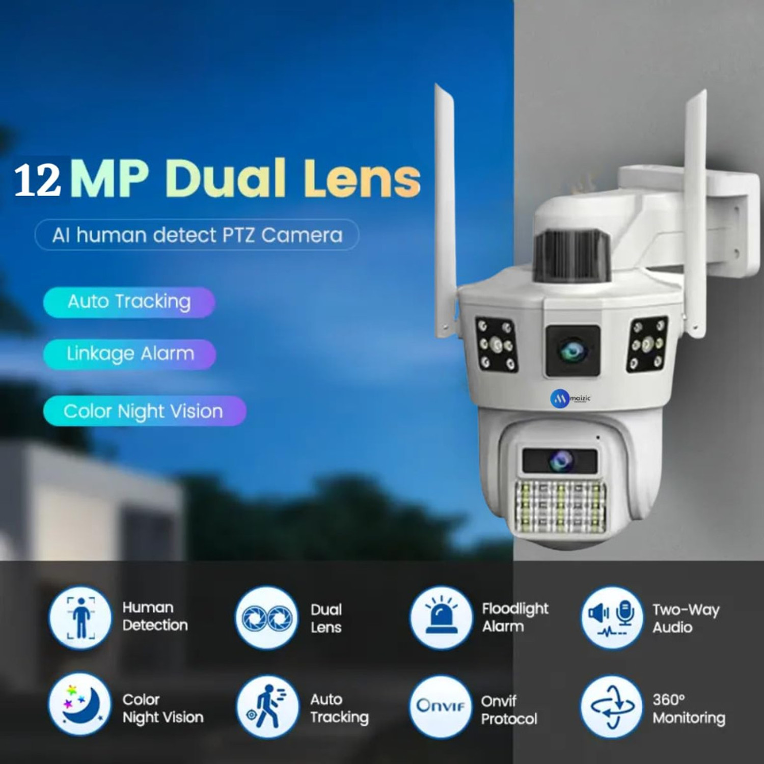 Image of Maizic Smarthome Tricam White 2K 6+6 MP 2 lens+3 Screens Outdoor Wifi CCTV Security Camera