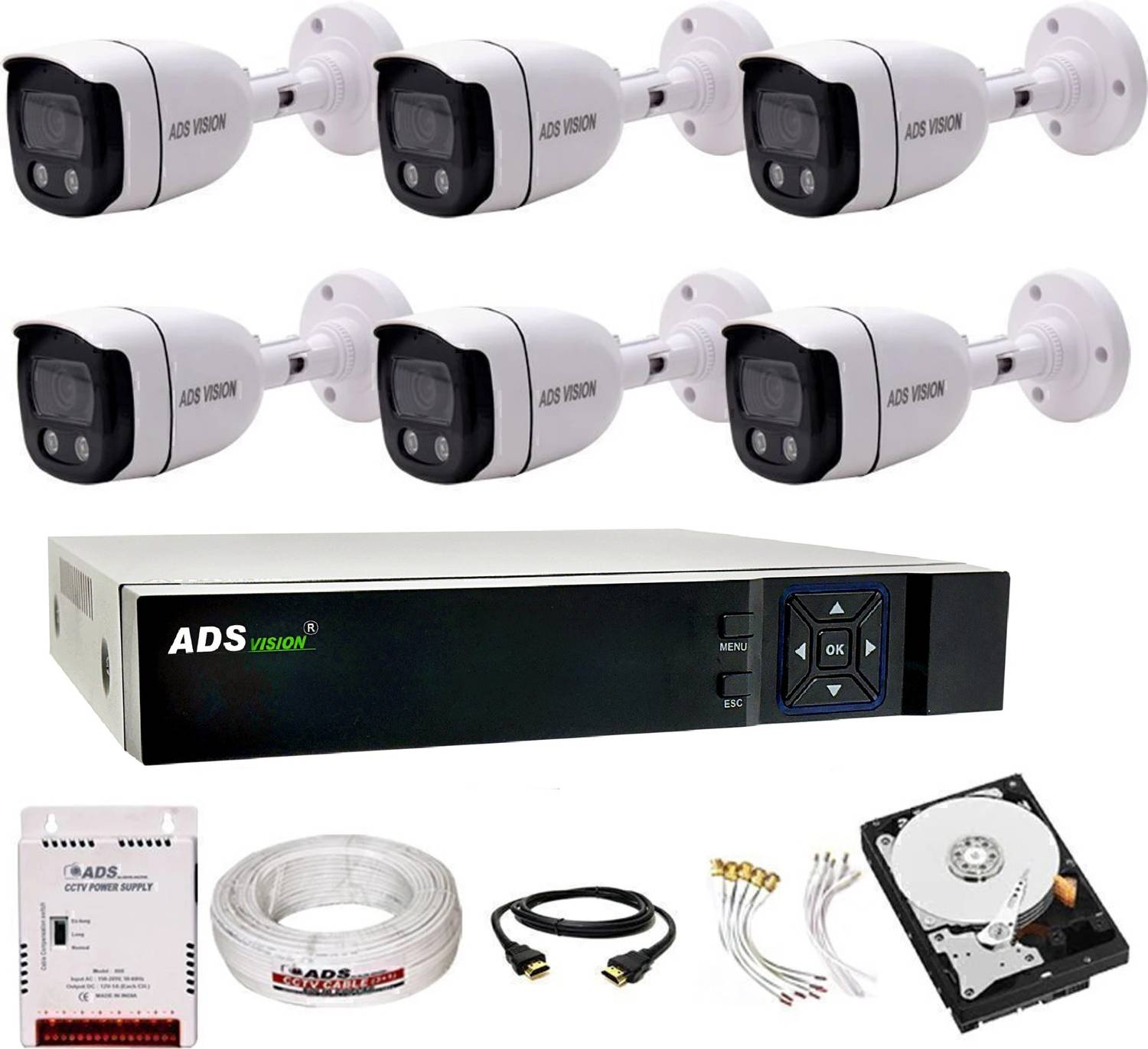 ADS VISION 8CH. Hybrid DVR, 6 BULLET CAMERA COLOUR VIEW NIGHT VISION COMBO SET With 1TB HDD Security Camera
