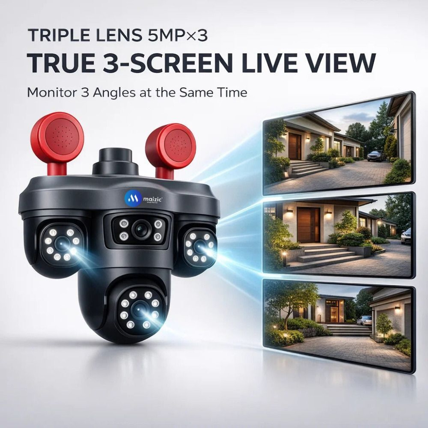 Image of Maizic Smarthome TRIGENIE Siren WiFi Triple Lens 5MPx3 AI PTZ Outdoor Camera, Color Night Vision Security Camera
