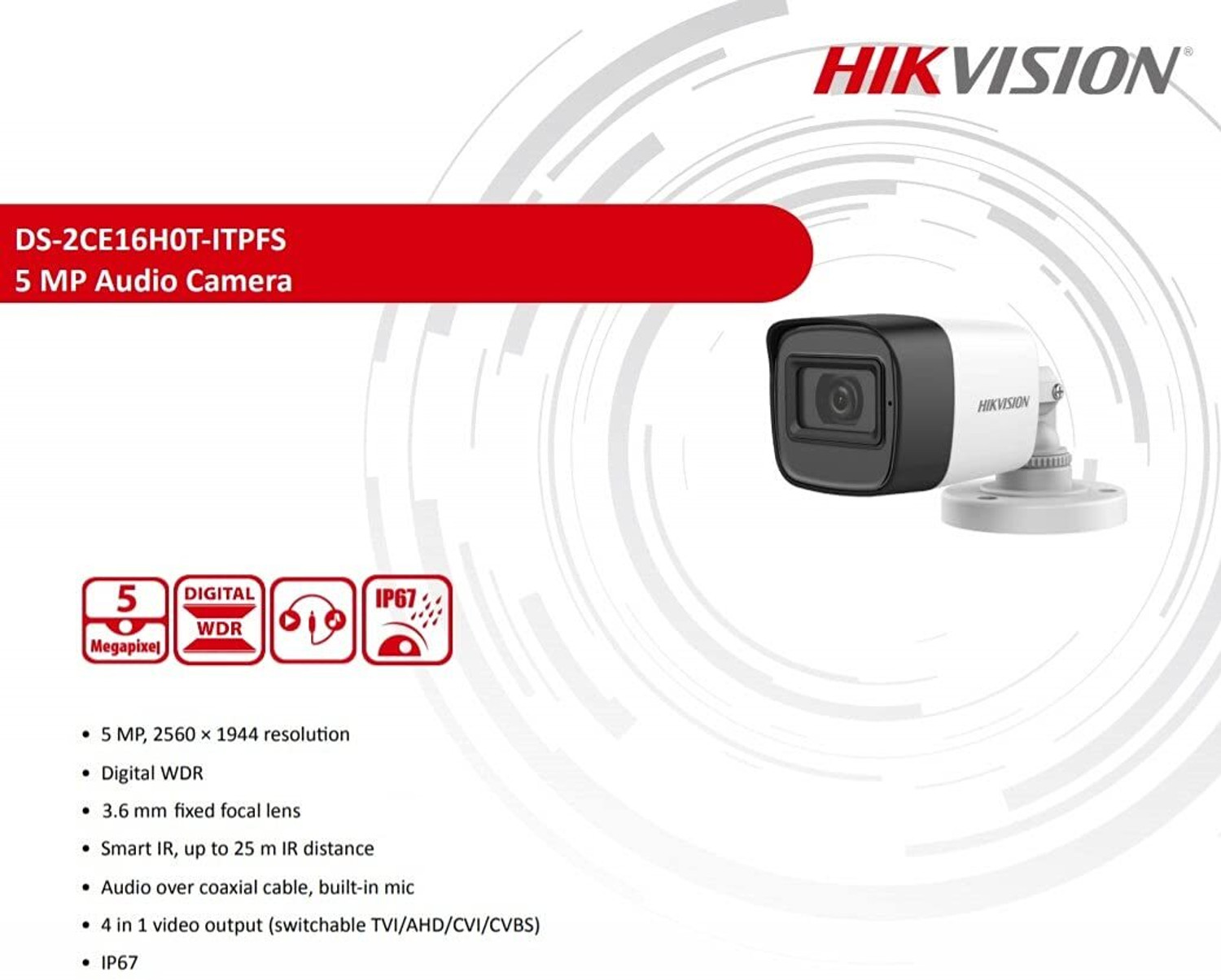 Image of HIKVISION 5 MP Outdoor Bullet CCTV Camera with inbuilt Audio Mic IP67 DS-2CE16H0T-ITPFS + Security Camera