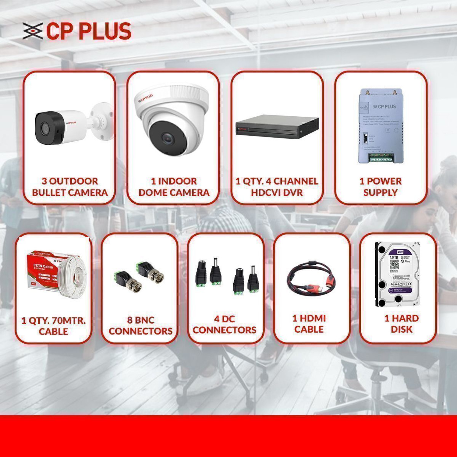 Image of CP PLUS CP-UCK-TD31H3-B1 with 1 Dome & 3 Bullet Camera, DVR, 70 Mtr. Cable 1TB Hard Disk Security Camera