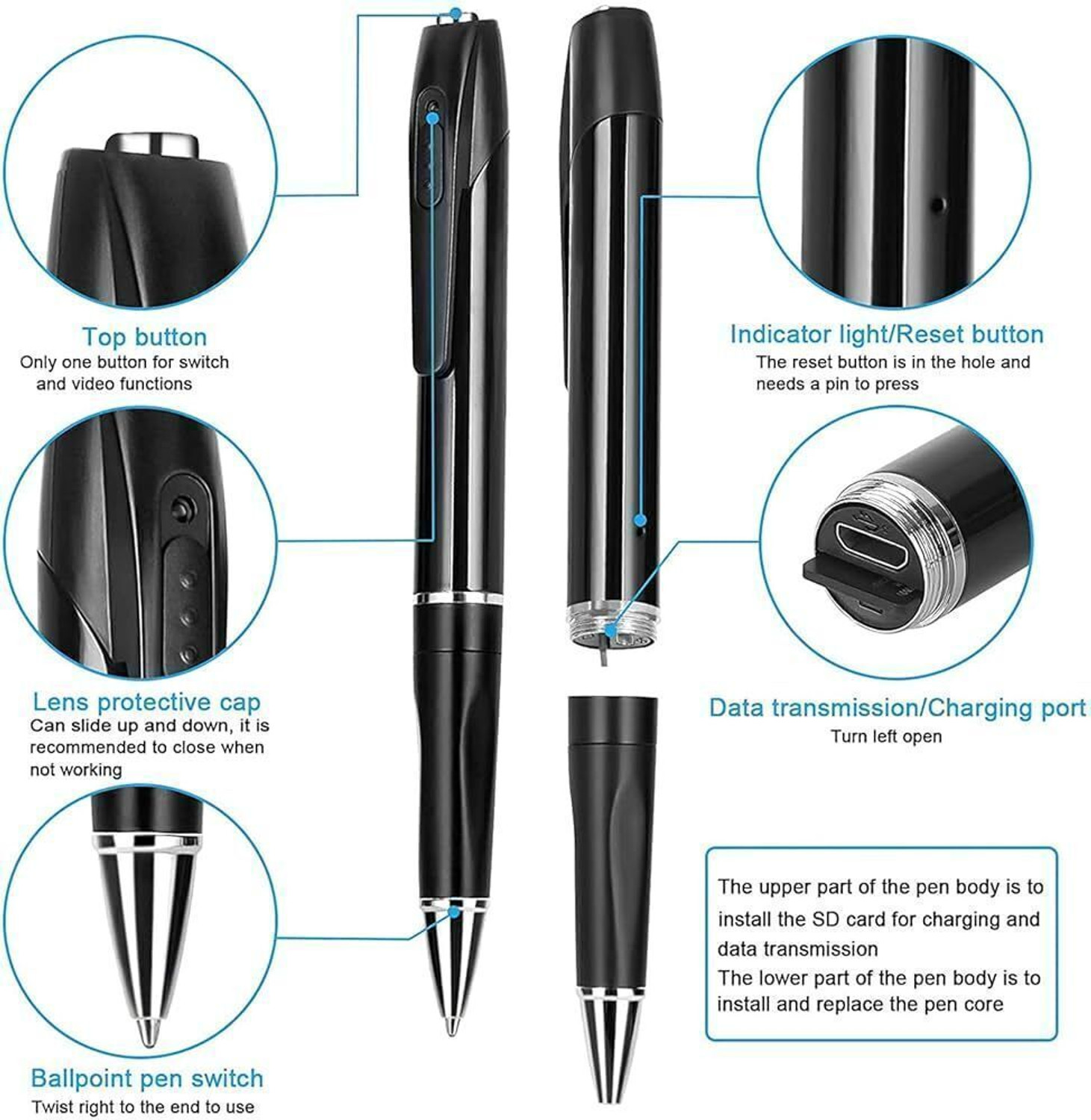Image of securinnov Full HD Pen Camera 1080P Video Audio Recording Indoor Outdoor Pocket Security Security Camera