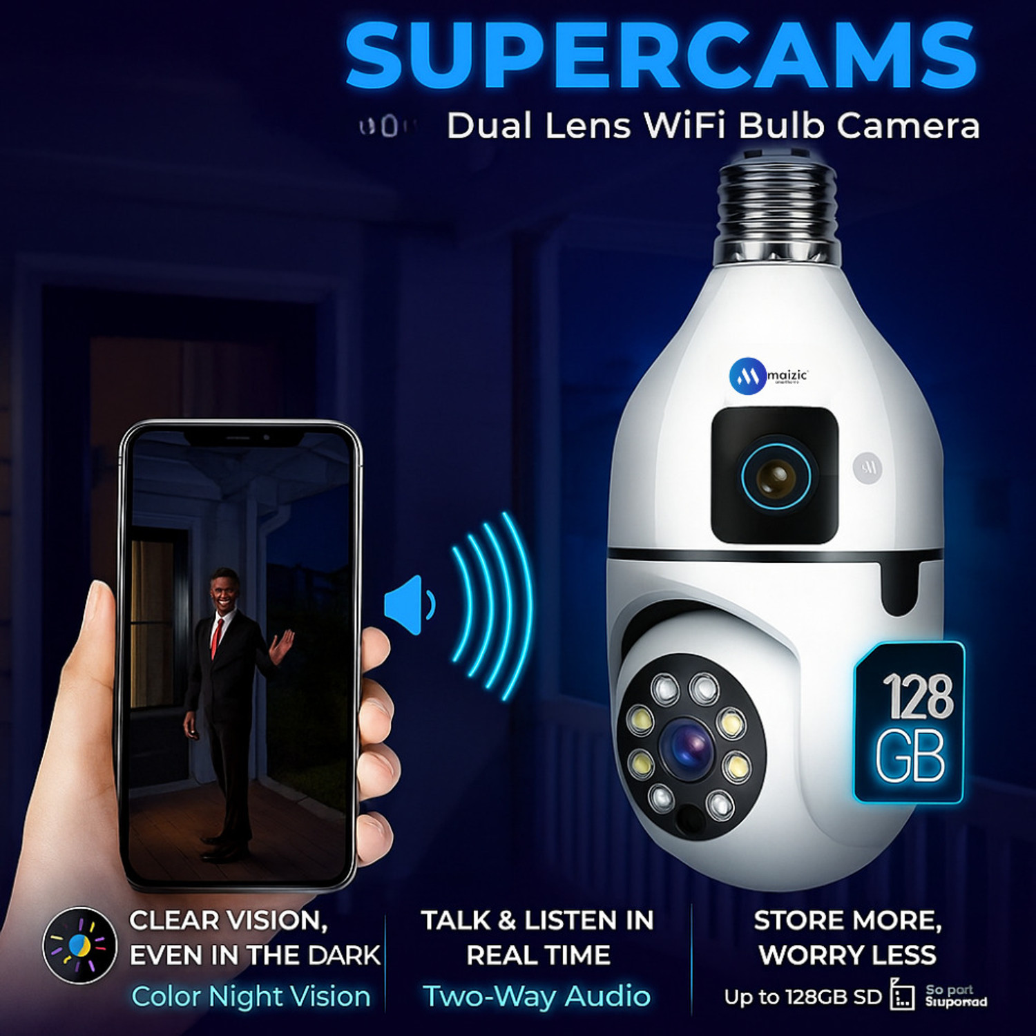 Image of Maizic Smarthome 3+3MP 2in1 Dual Lens /Dual Screen Bulb PTZ Color Night Vision Wifi Security Camera