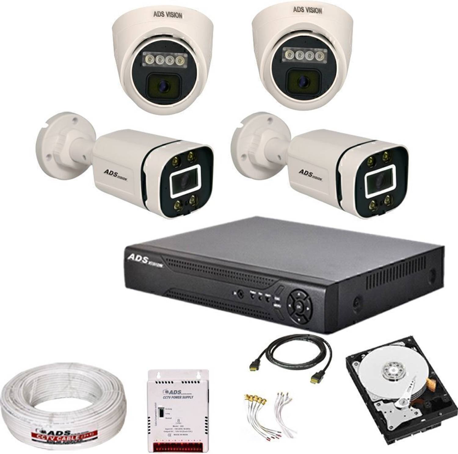 ADS VISION HD 5MP 2DOME 2BULLET COLOR VIEW NIGHT VISION WITH MIC COMBO Set With 1TB HDD Security Camera
