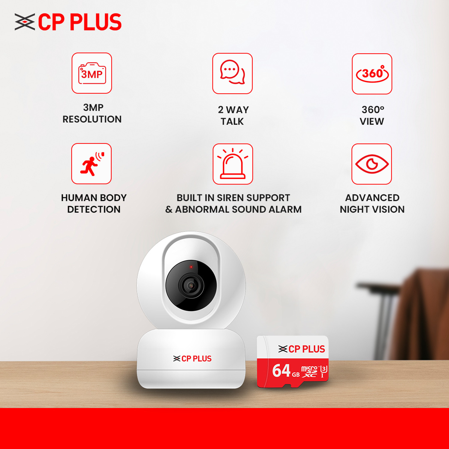 Image of CP PLUS CP-E36AM Smart Wi-Fi Dome Camera with In-box 64gb SD Card & Human Body Detection Security Camera