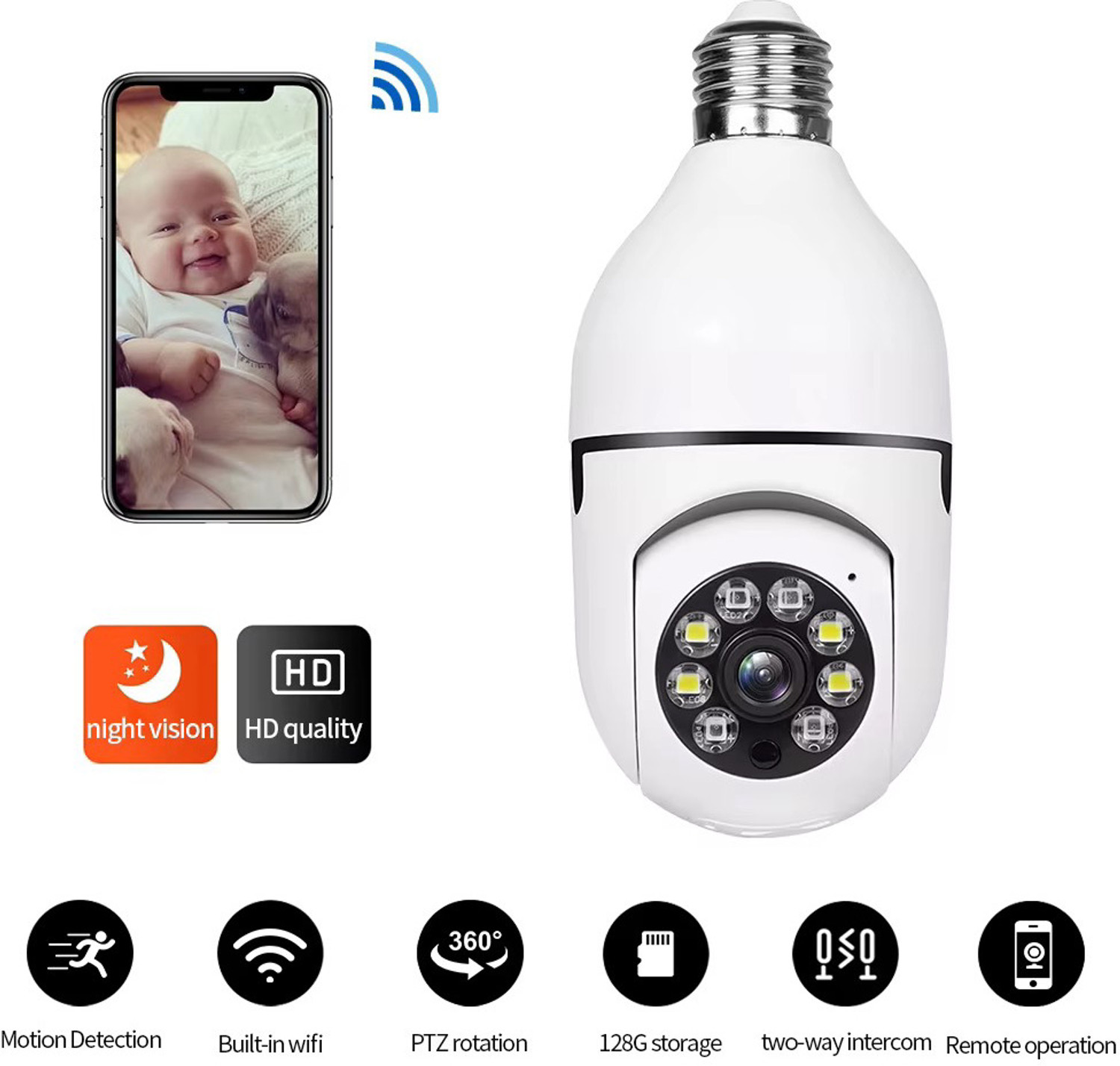 Image of CP PRO Full HD Wi-Fi Bulb CCTV Camera | 360 Degree PTZ Wireless Smart IP Home Security Camera (128 GB, 1 Channel)