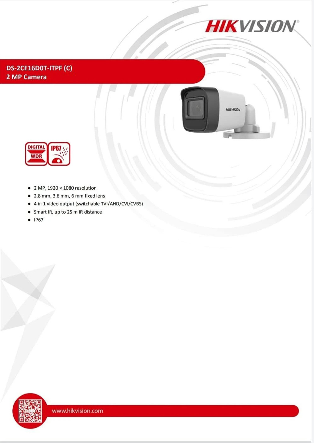 Image of HIKVISION DS-2CE16D0T-ITPF Bullet CCTV outdoor, night vision 2mp Security Camera