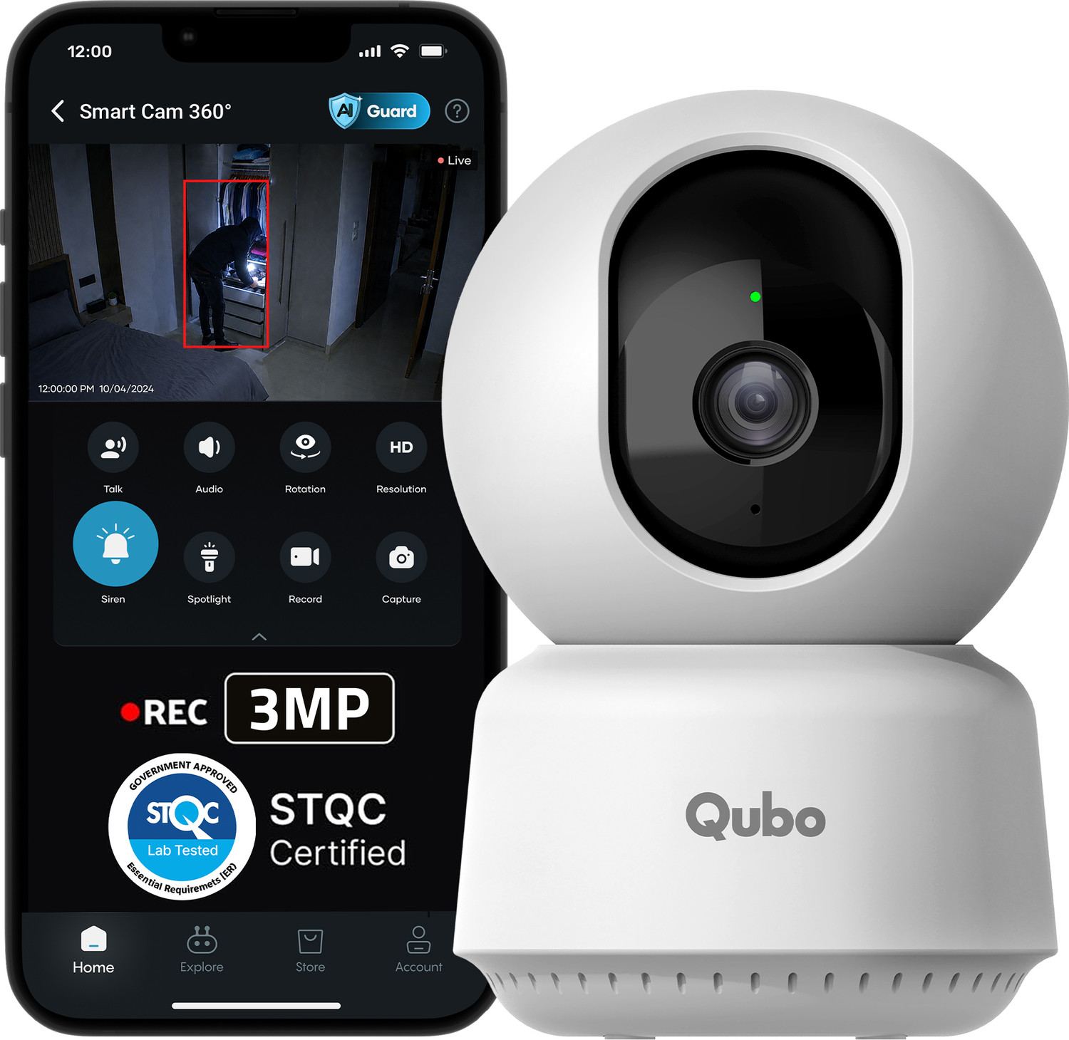 Image of Qubo Smart 360 degree 2K|3MP(2026 Edition)|AI App Alerts|Alarm|Cloud+SD Storage|Wi-Fi Security Camera