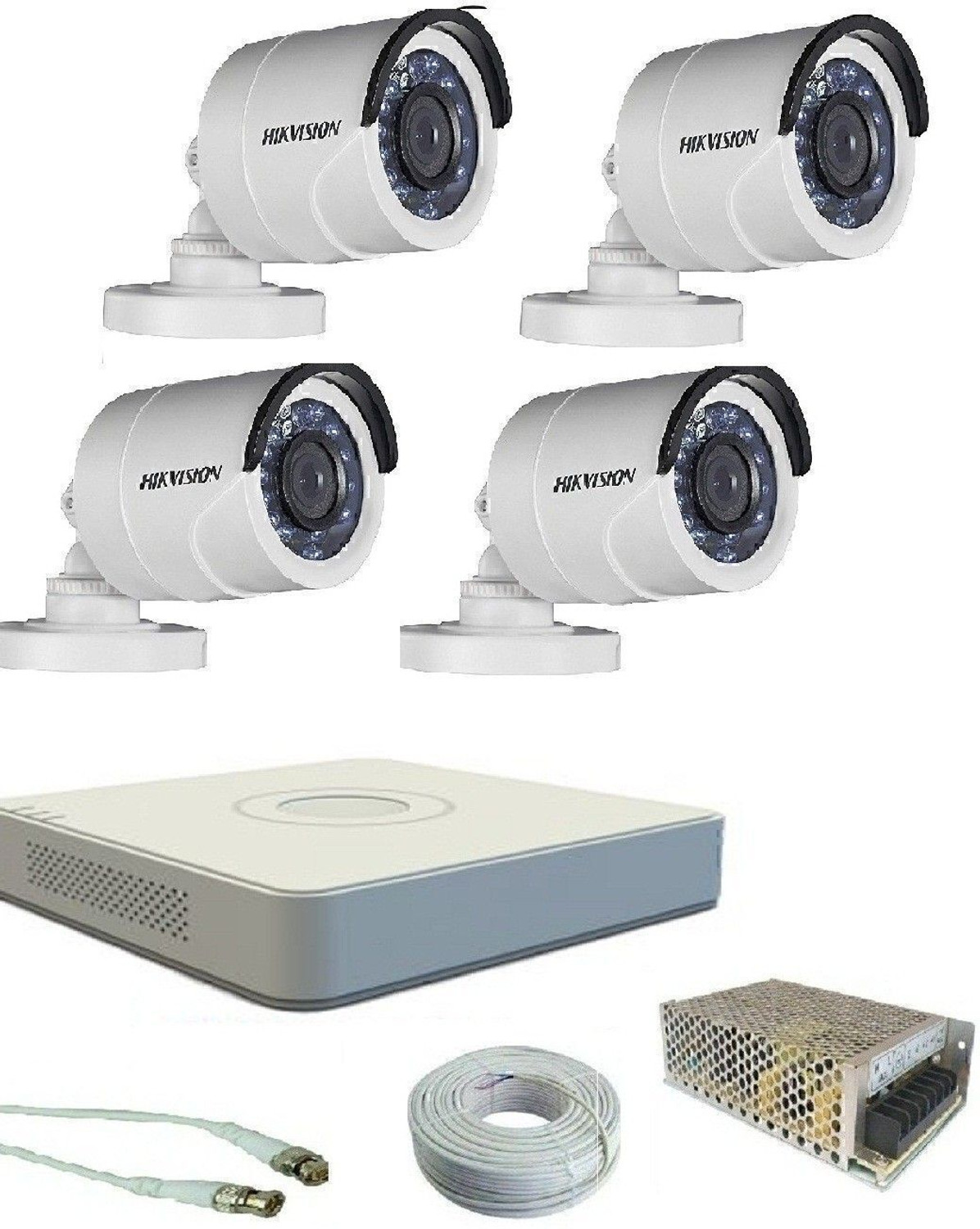 Image of HIKVISION 2mp cctv 4 bullet camera 4 channel power supply 4 channel dvr 90mtr wire bundle bnc dc without hard disk Security Camera