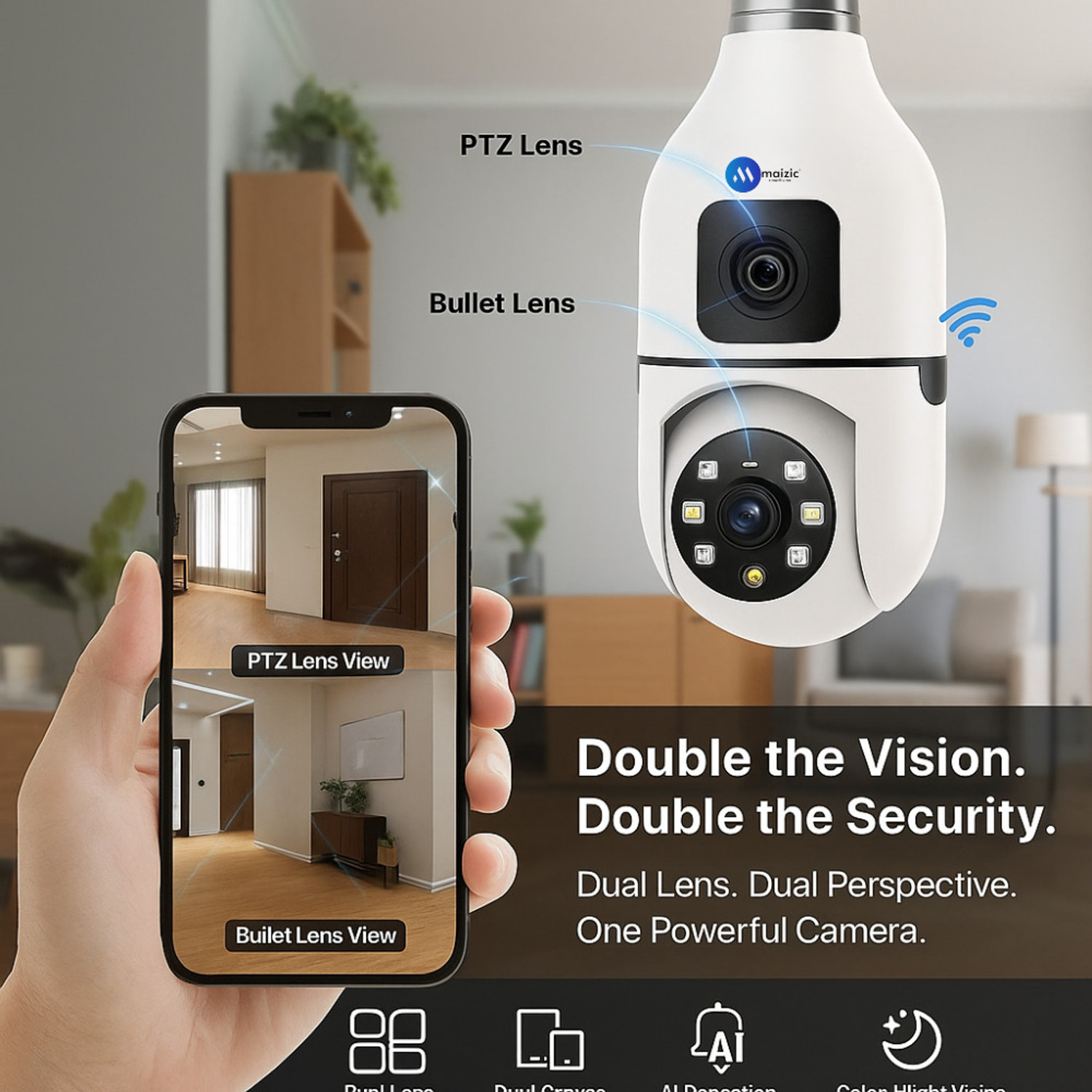 Image of Maizic Smarthome 3+3MP 2in1 Dual Lens /Dual Screen Bulb PTZ Color Night Vision Wifi Security Camera