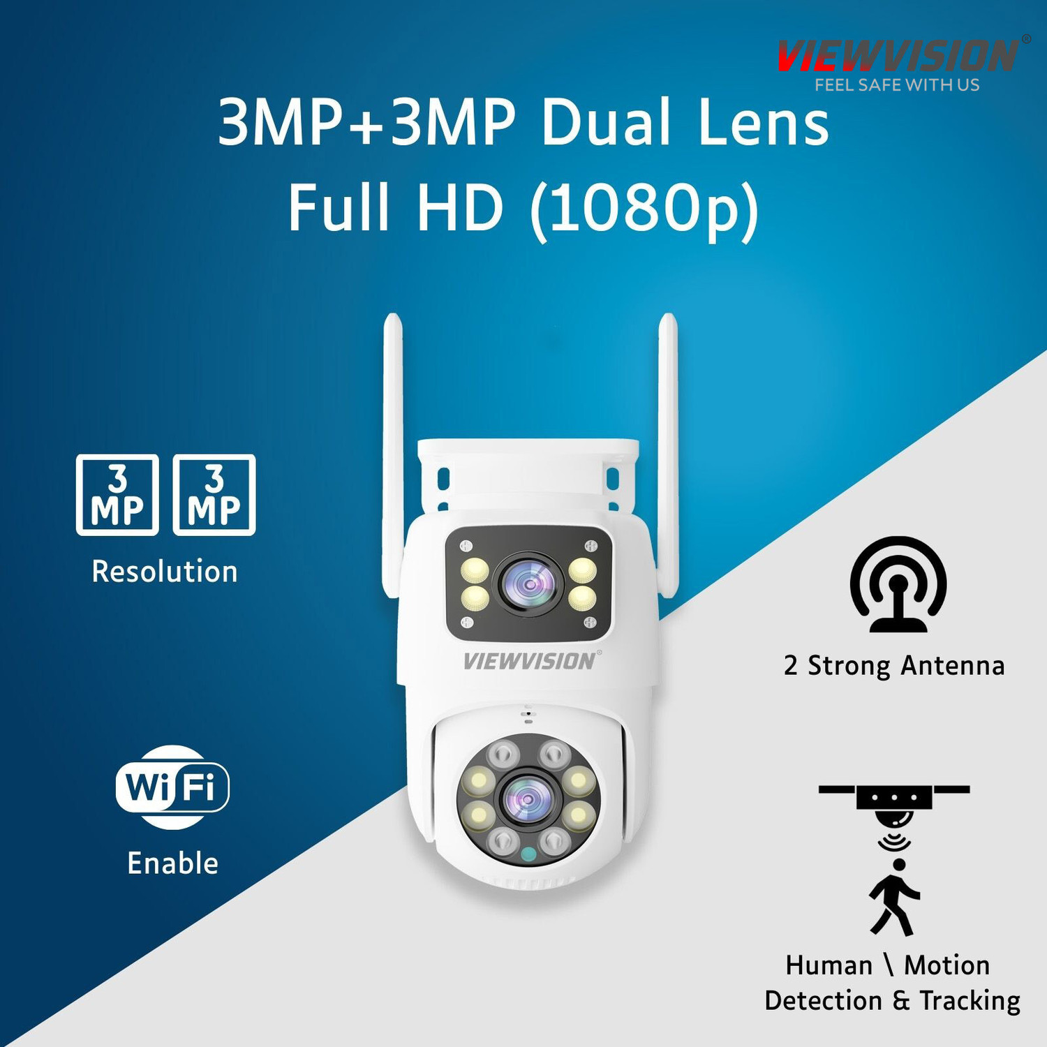 Image of Viewvision AT-R2H Full HD 1080p 3MP+3MP Dual Lens Linkage (360) Pan /Tilt Wi-Fi 2 Way Talk Security Camera