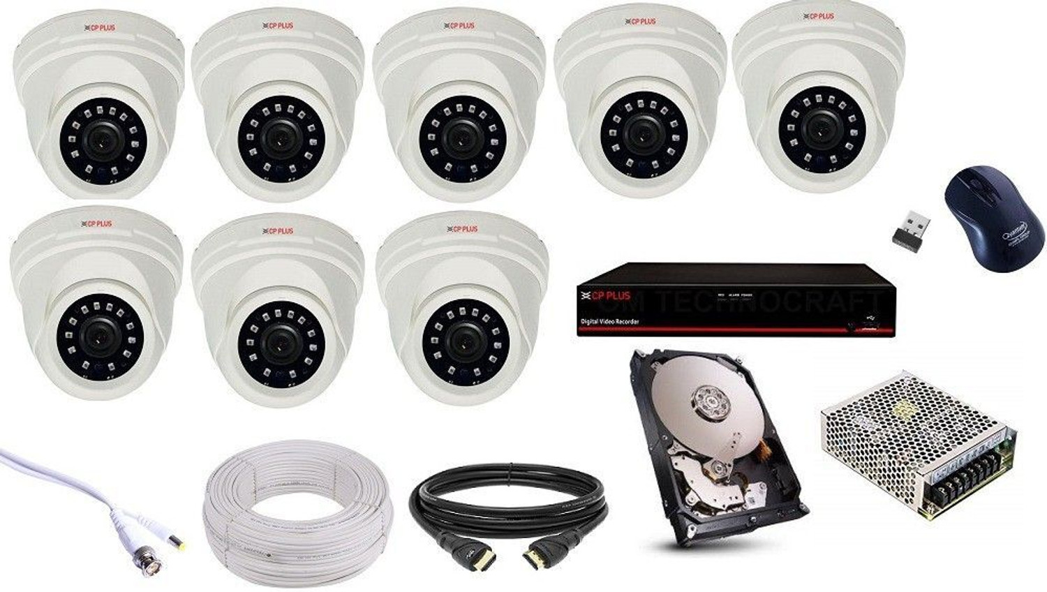 Image of CP PLUS 8 DOME, (2.4MP), 8 CHANNEL DVR, 8 CHANNEL POWER SUPPLY, 90M WIRE BUNDLE ,1TB HDD, WIRELESS MOUSE WITH FULL COMBO KIT Security Camera