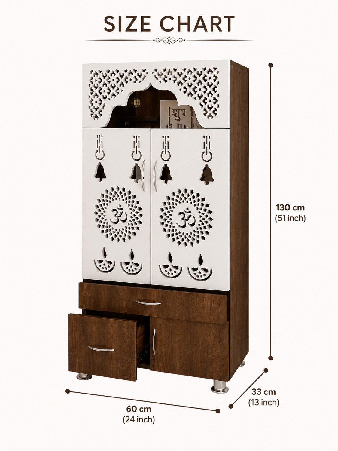 Image of The Wooden Factory Dark Brown Pooja Mandir with drawer, cabinet & led light | designer pooja mandir Engineered Wood Home Temple